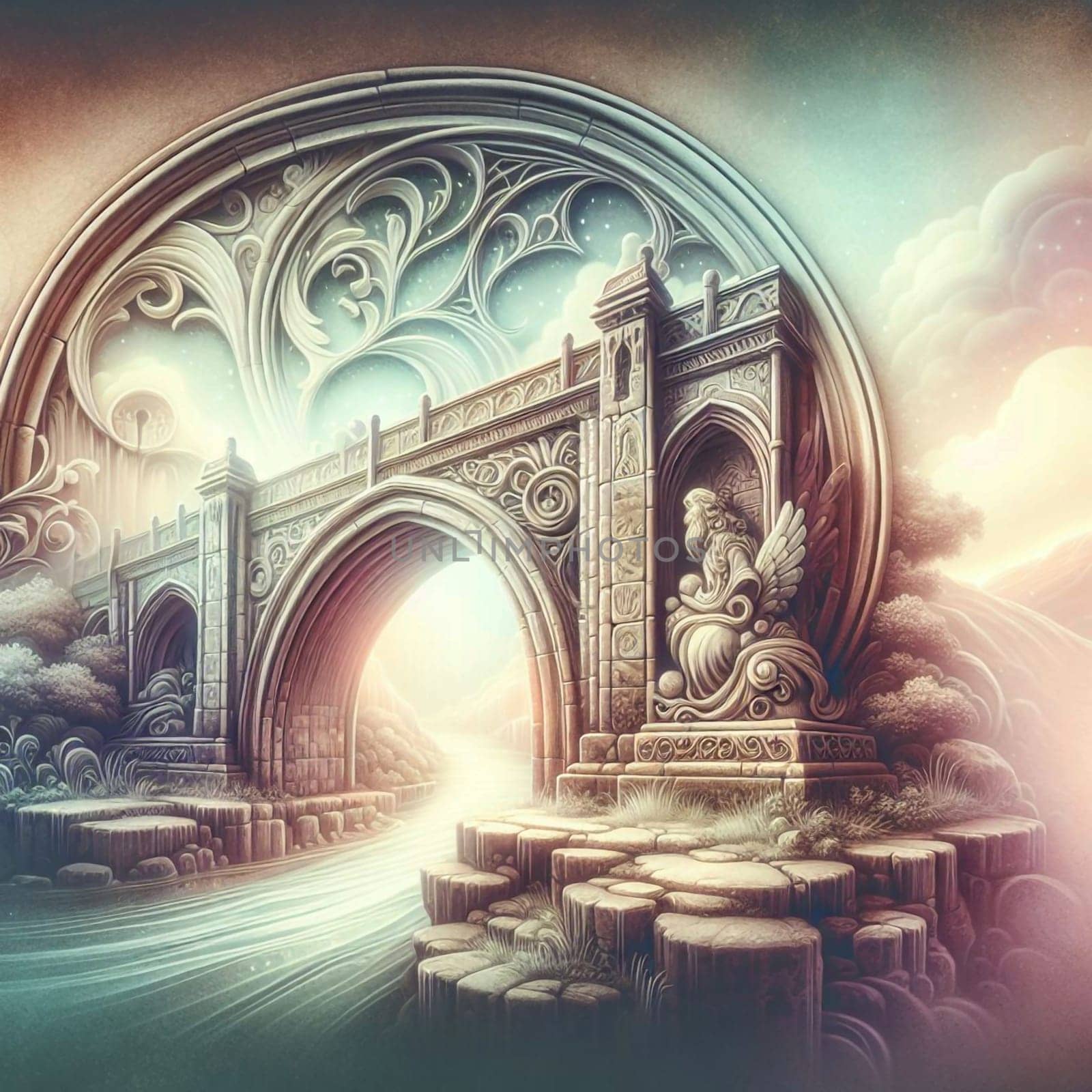 A stone bridge with a statue of a winged figure, set against a backdrop of a magical, ethereal landscape. The image evokes a sense of mystery and wonder. A high-quality photo.