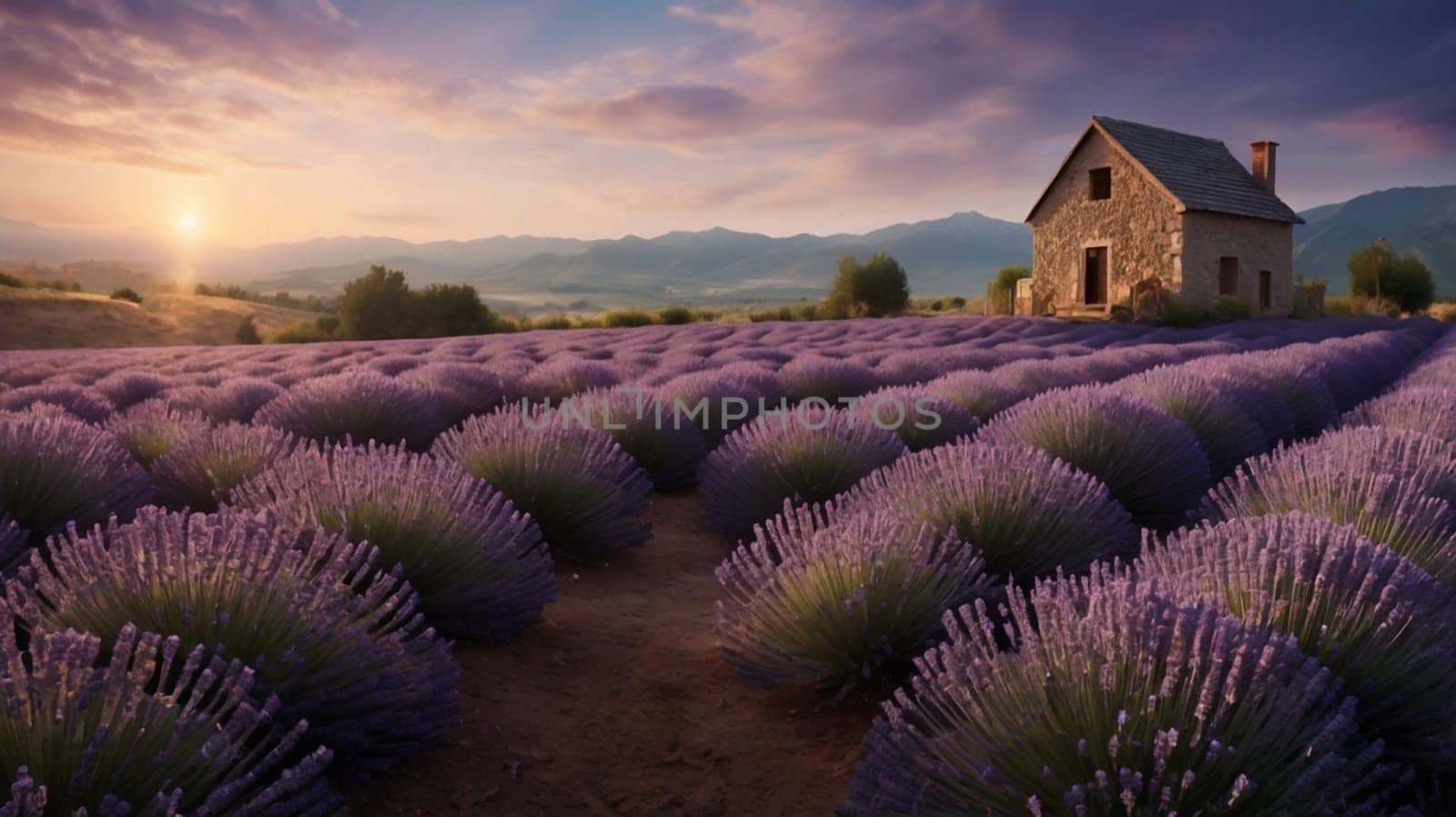 A breathtaking landscape of a lavender field at sunrise, with a stone house in the background. The scene is bathed in golden light, creating a peaceful and serene atmosphere. A high-quality photo.