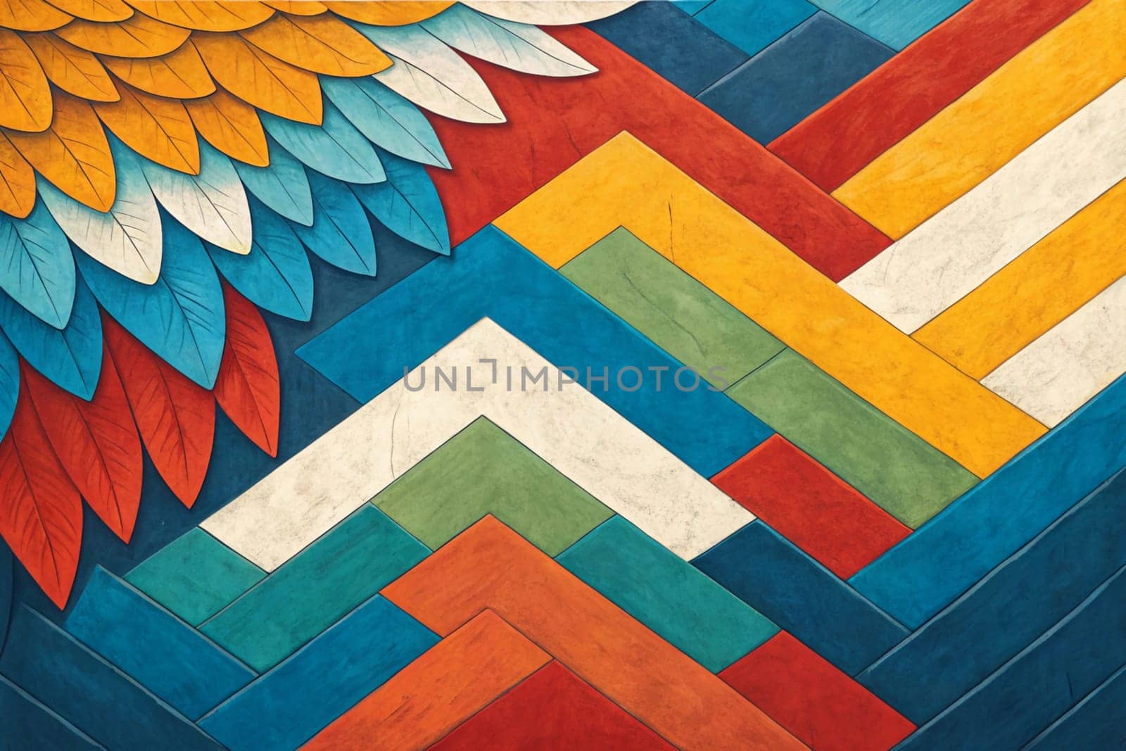 A colorful geometric pattern featuring layered shapes and feathers, creating a vibrant and abstract design. A high-quality photo.