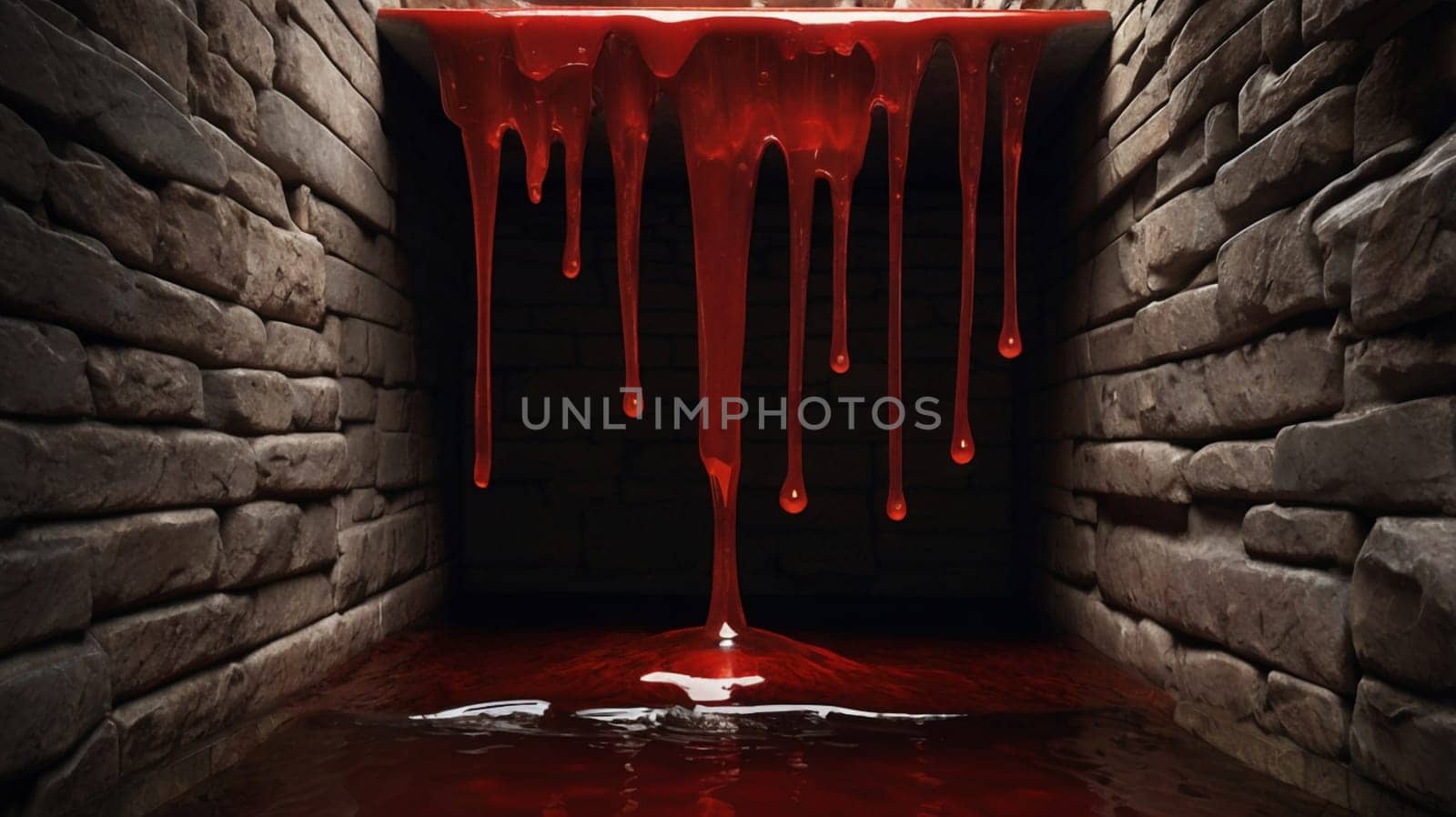 A dark and eerie image of a red liquid dripping from a ledge in a brick tunnel. The scene evokes a sense of suspense and horror. A high-quality photo.