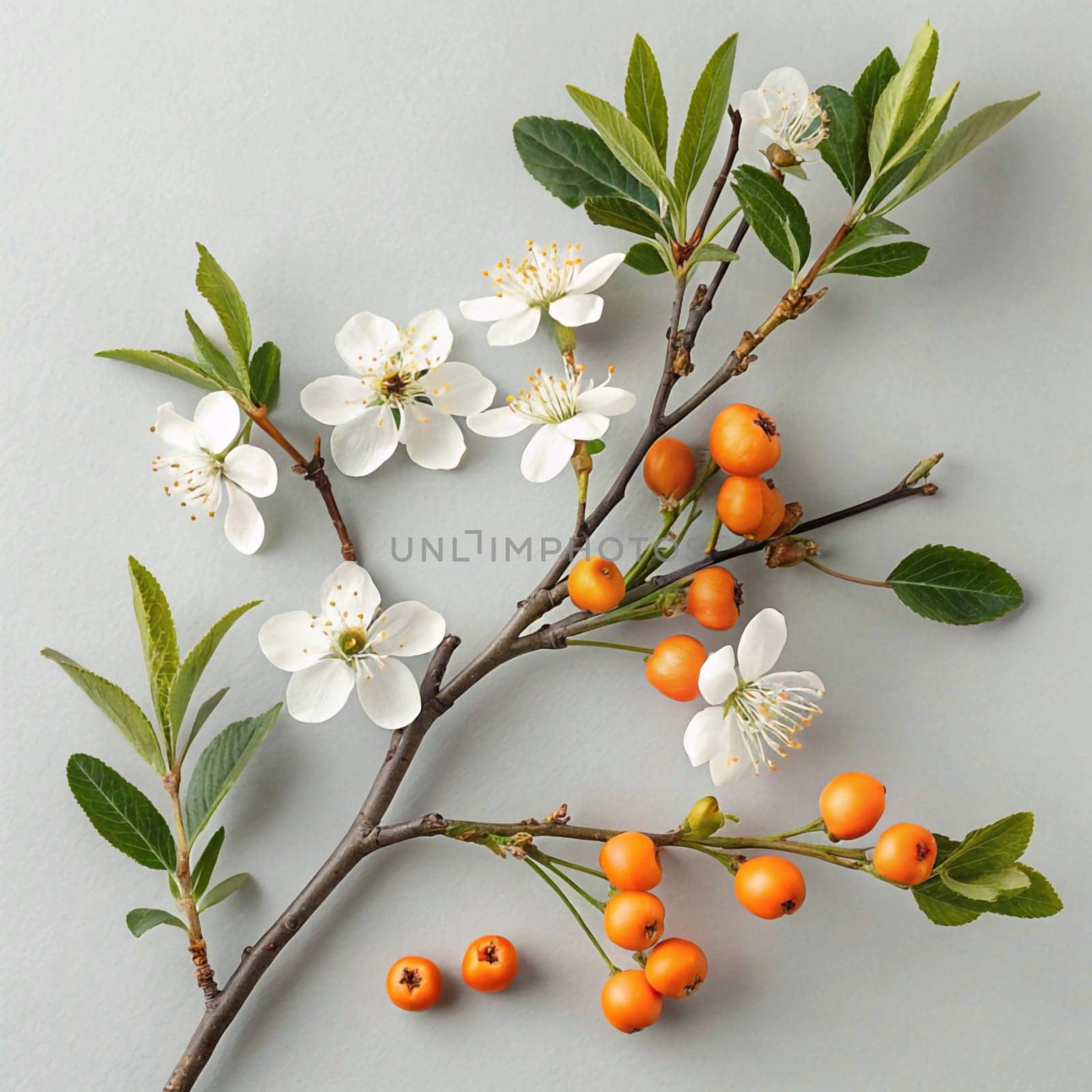 A branch with white blossoms and orange berries, isolated on a light gray background. The image captures the beauty of nature's delicate details. A high-quality photo.