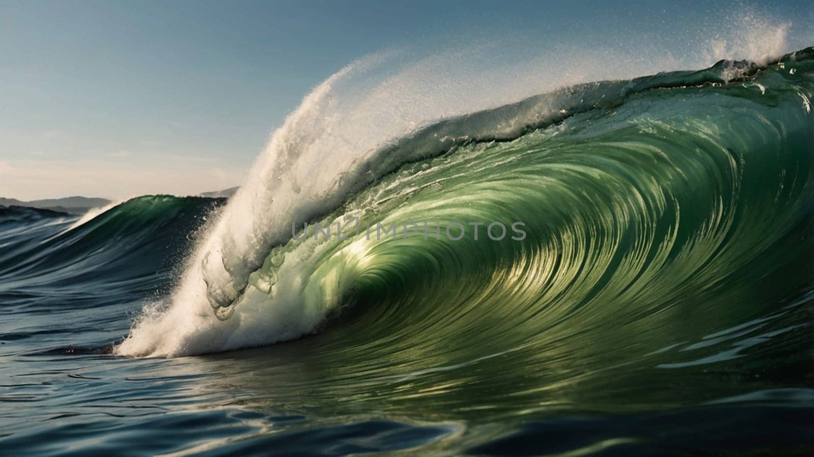 A close-up shot of a breaking ocean wave, revealing a swirling, turquoise-colored core. The wave creates a sense of power and beauty. A high-quality photo.