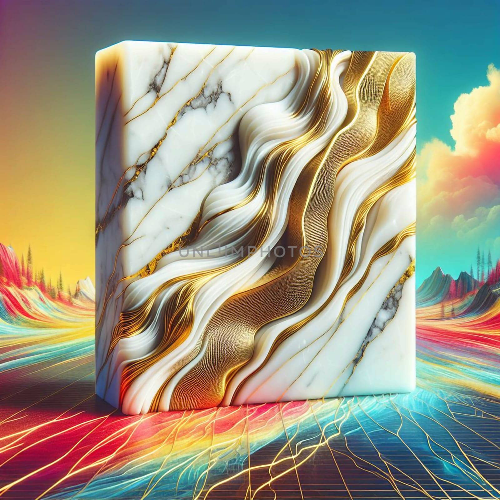 An abstract, geometric sculpture of a marble cube with flowing gold lines. The sculpture is placed on a grid of colorful lines, creating a striking visual contrast. A high-quality photo.