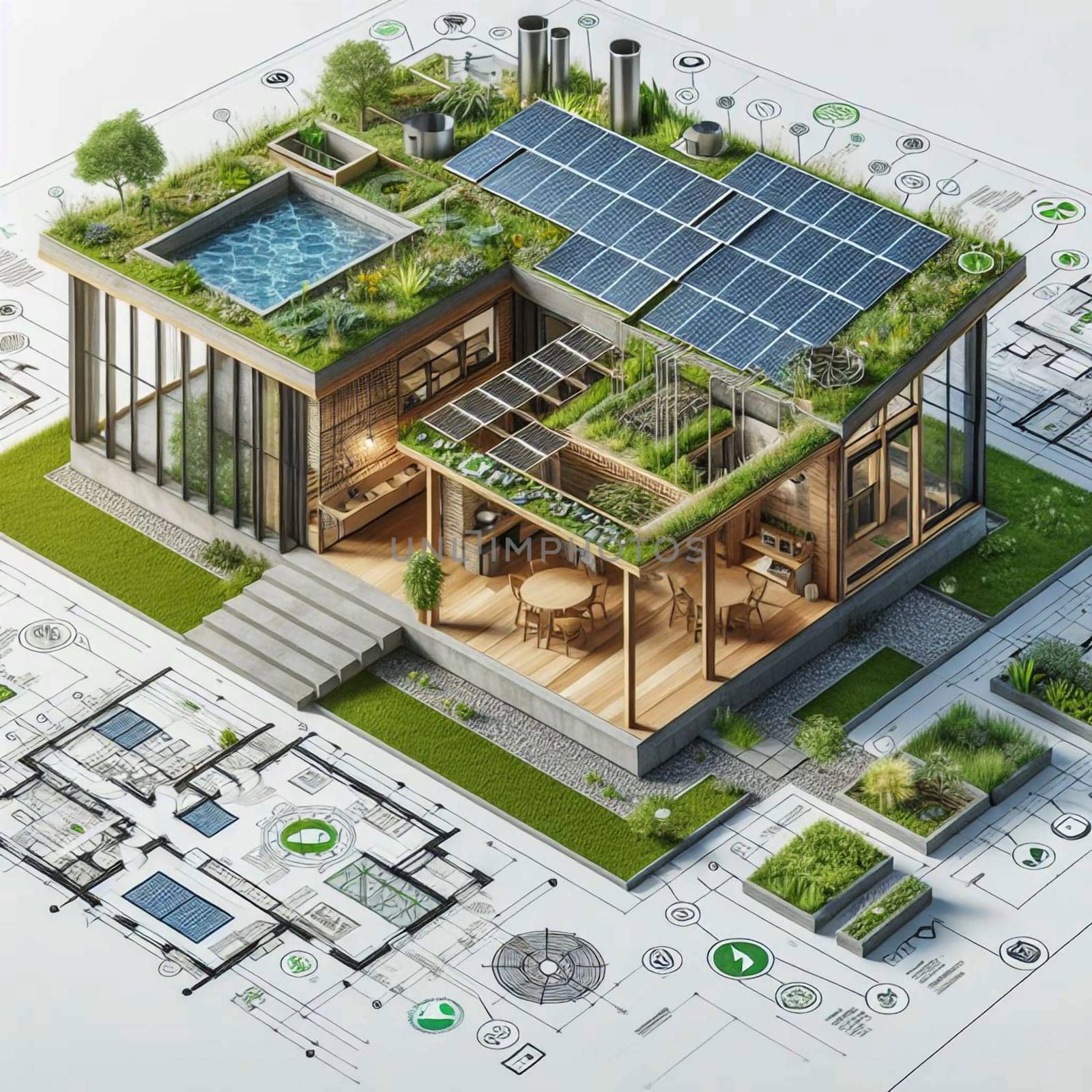 An isometric illustration of a modern, sustainable house with a green roof, solar panels, and a pool, set against a blueprint background. A high-quality photo.