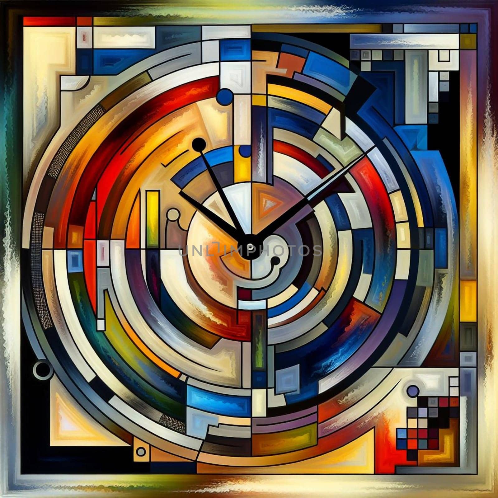 An abstract, geometric painting with a clock face at the center. The painting is composed of bold colors and shapes, suggesting the passage of time and the complexity of life. A high-quality photo.