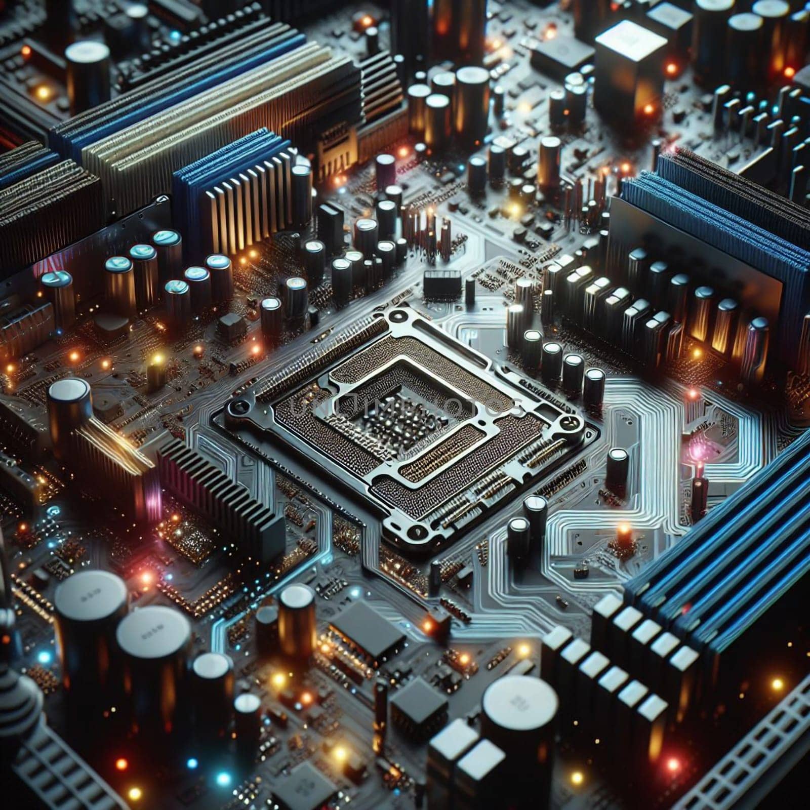 A close-up shot of a computer motherboard with glowing lights, revealing the intricate network of circuits and components. A high-quality photo.