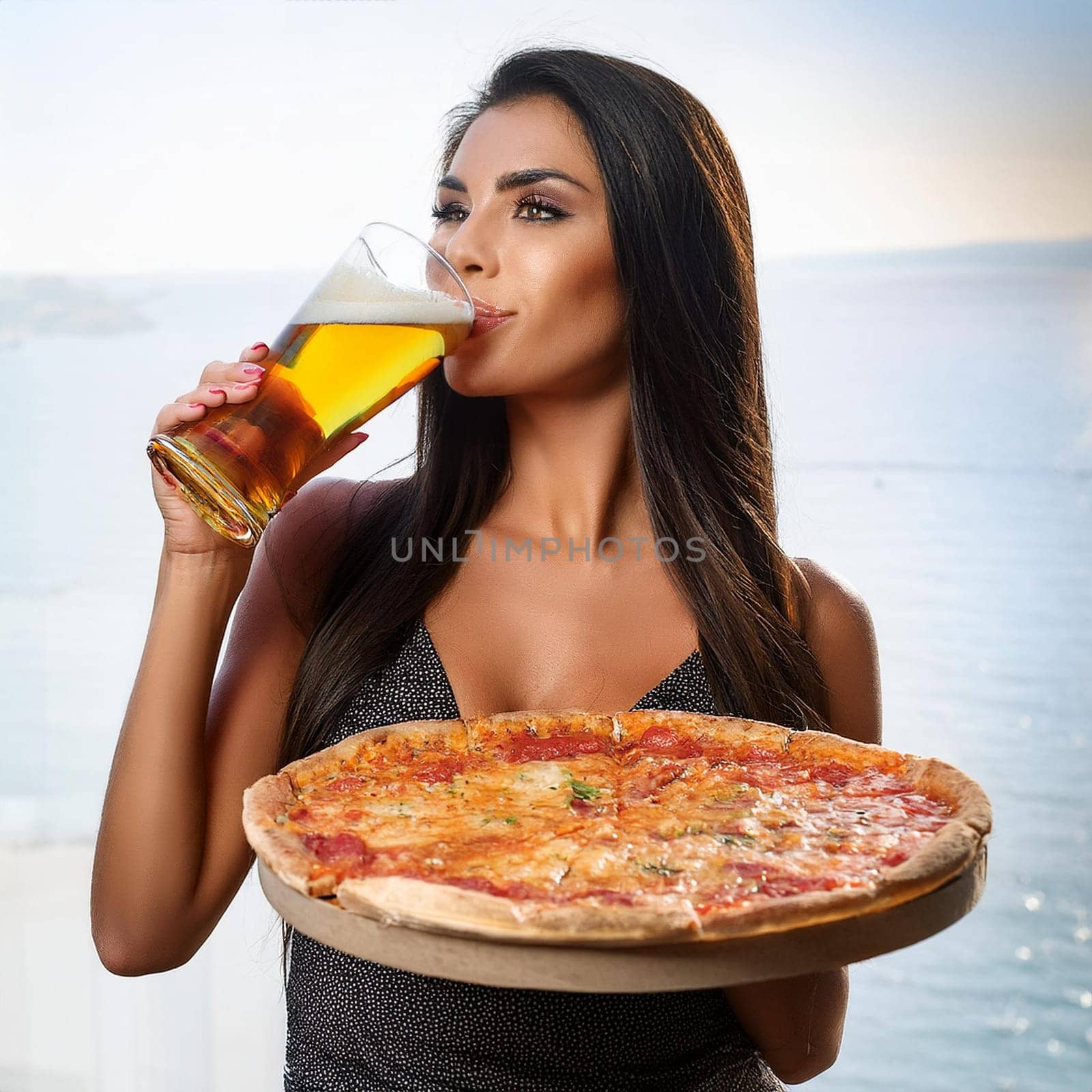 gorgeous young woman eating pizza and drinking beer, AI generated image