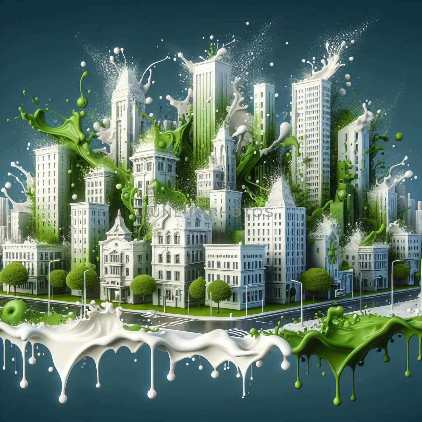 A 3D illustration of a cityscape with a green splash of paint, creating a sense of urban renewal and environmental awareness. A high-quality photo.