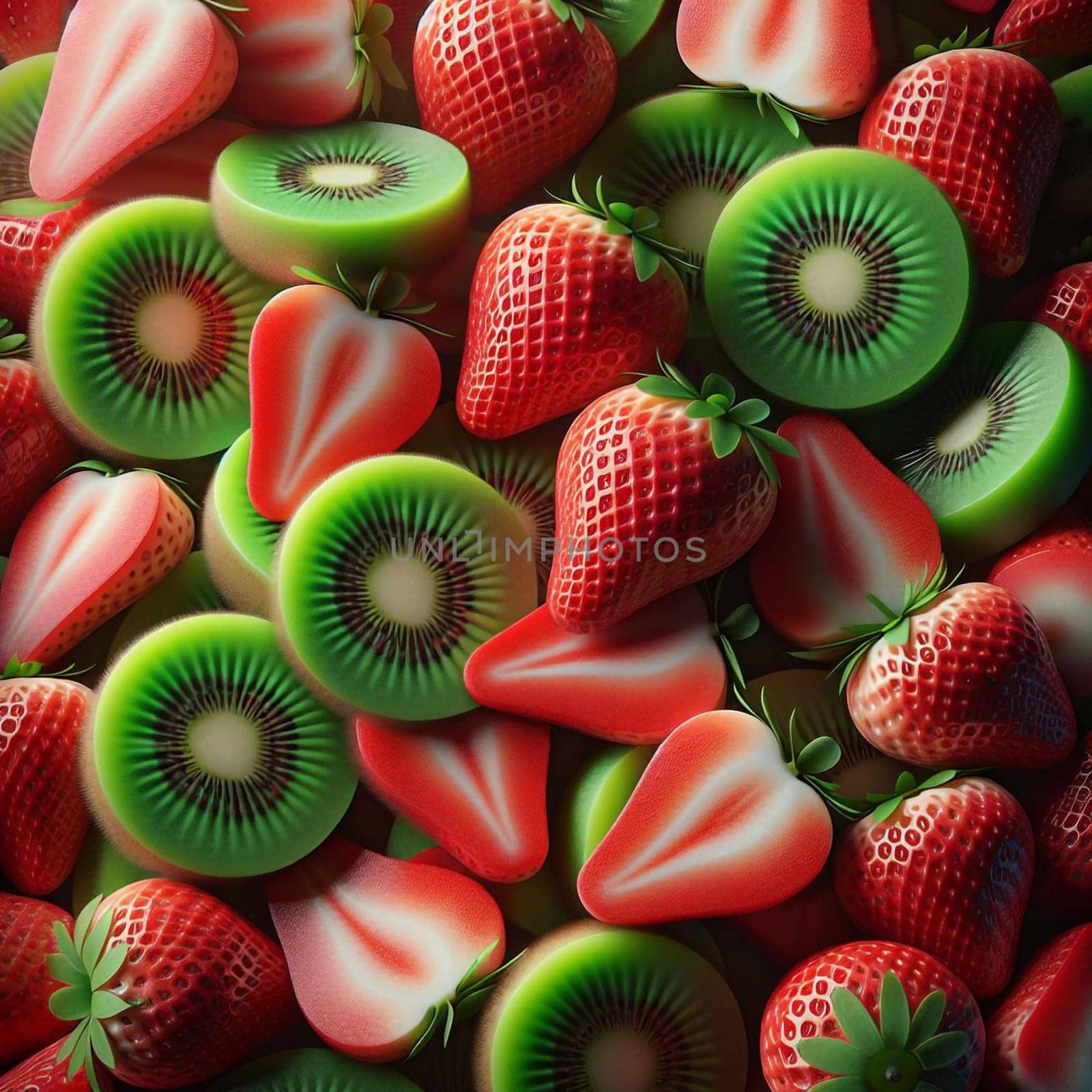 A close-up shot of a collection of sliced strawberries and kiwi fruit. The image is vibrant and colorful, showcasing the natural beauty of the fruits. A high-quality photo.