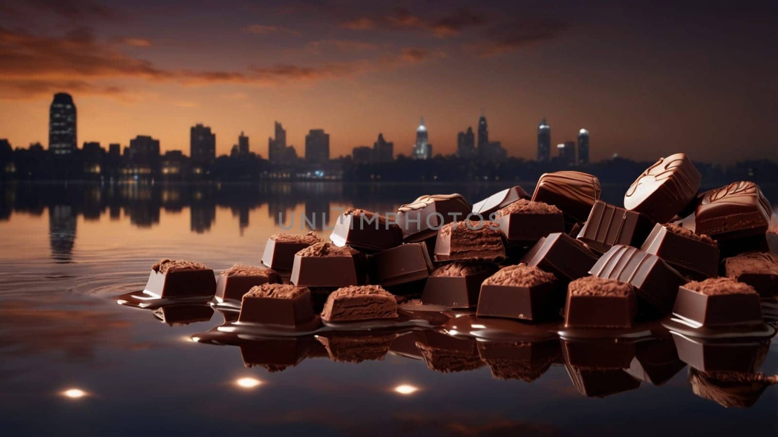 A pile of chocolate squares floating on a still pond at sunset, with a cityscape in the background. The image creates a romantic and luxurious atmosphere. A high-quality photo.