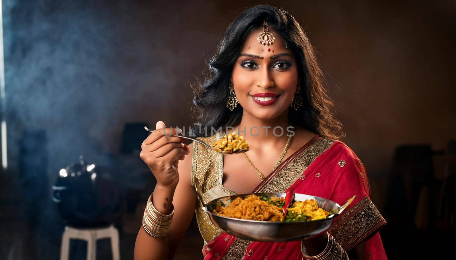gorgeous young woman eating vegetarian indian food, AI generated image