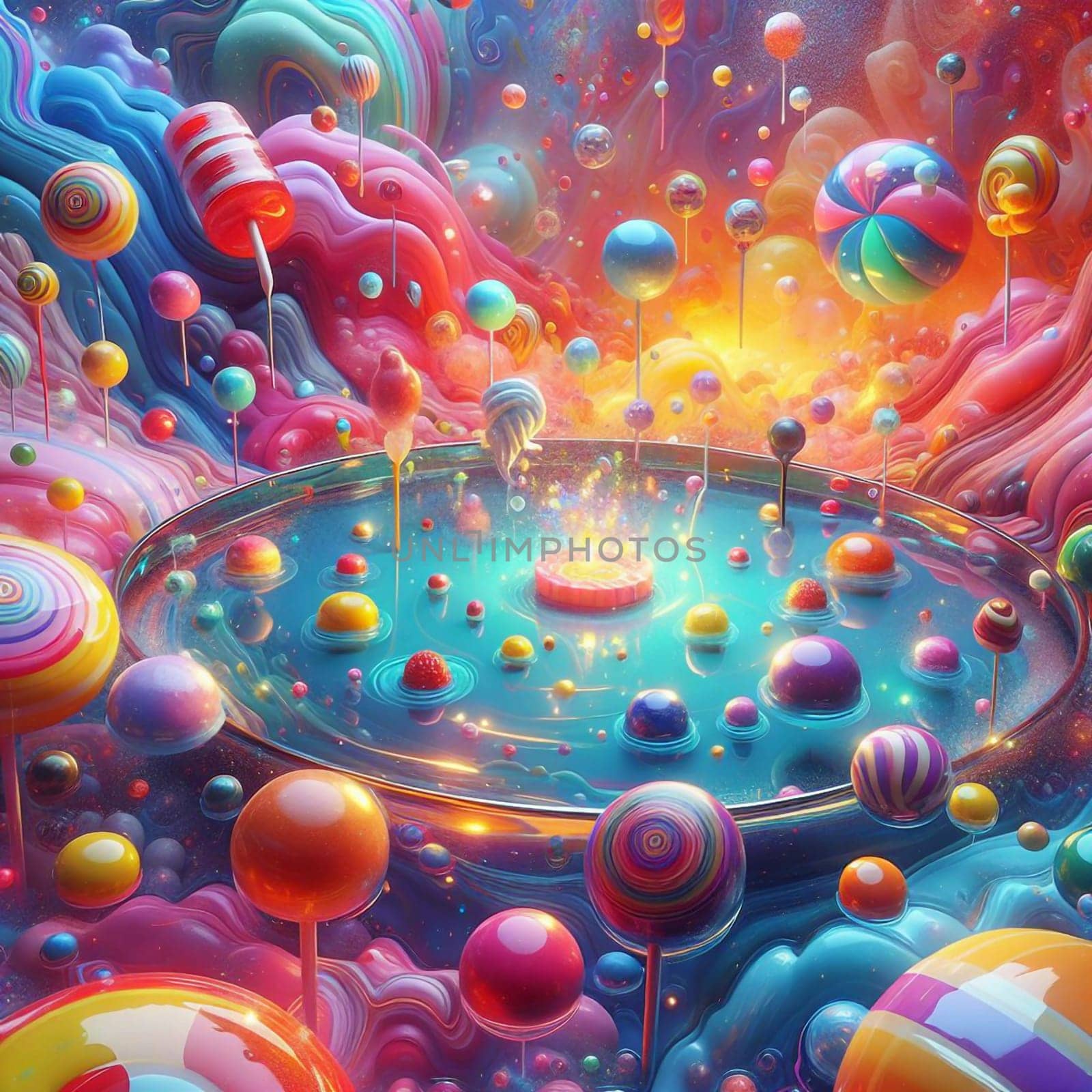 A whimsical illustration of a candyland with a pool of blue liquid and colorful lollipops, candy balls, and a lit candle in the center. A high-quality photo.