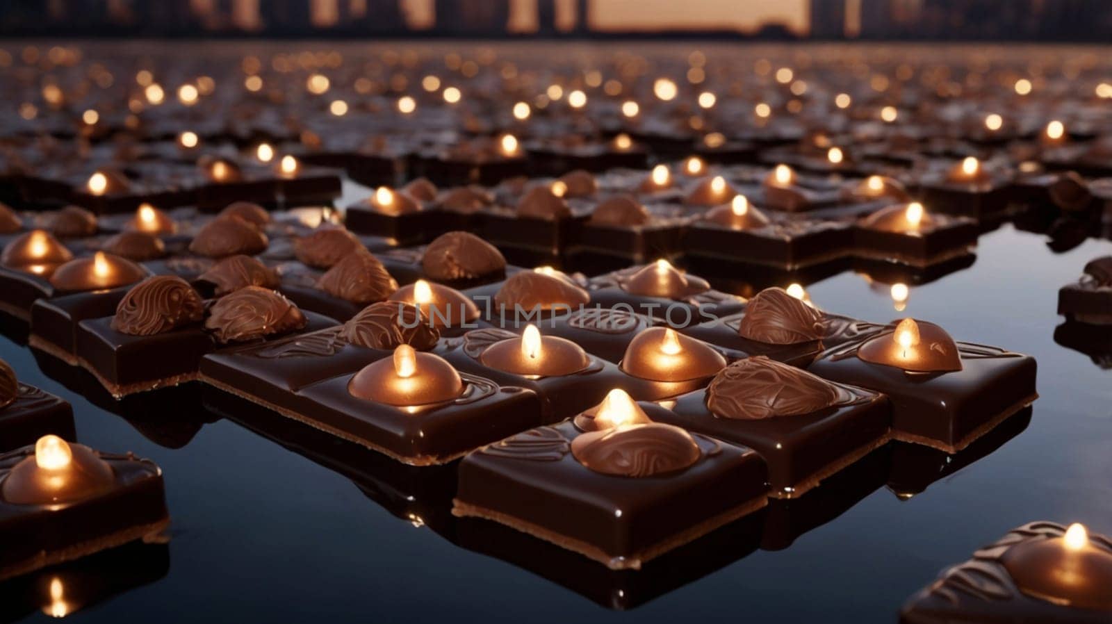 A field of chocolate squares with a single lit candle on each. The squares float on a dark surface, with a cityscape in the background. A high-quality photo.