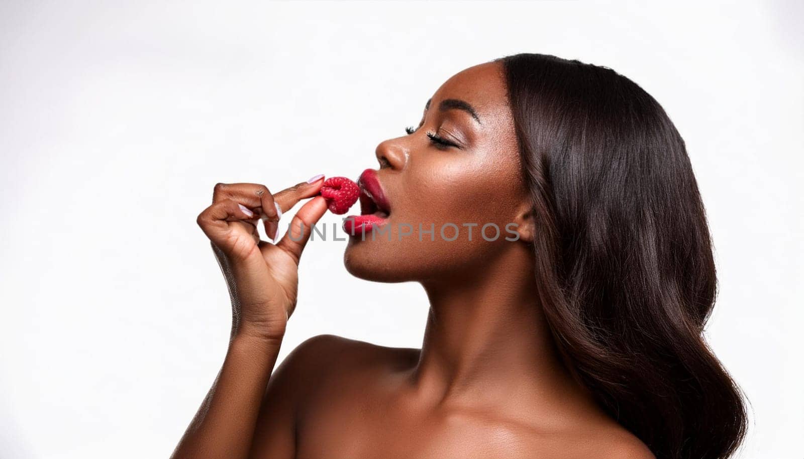 gorgeous young woman eating raspberries, AI generated image