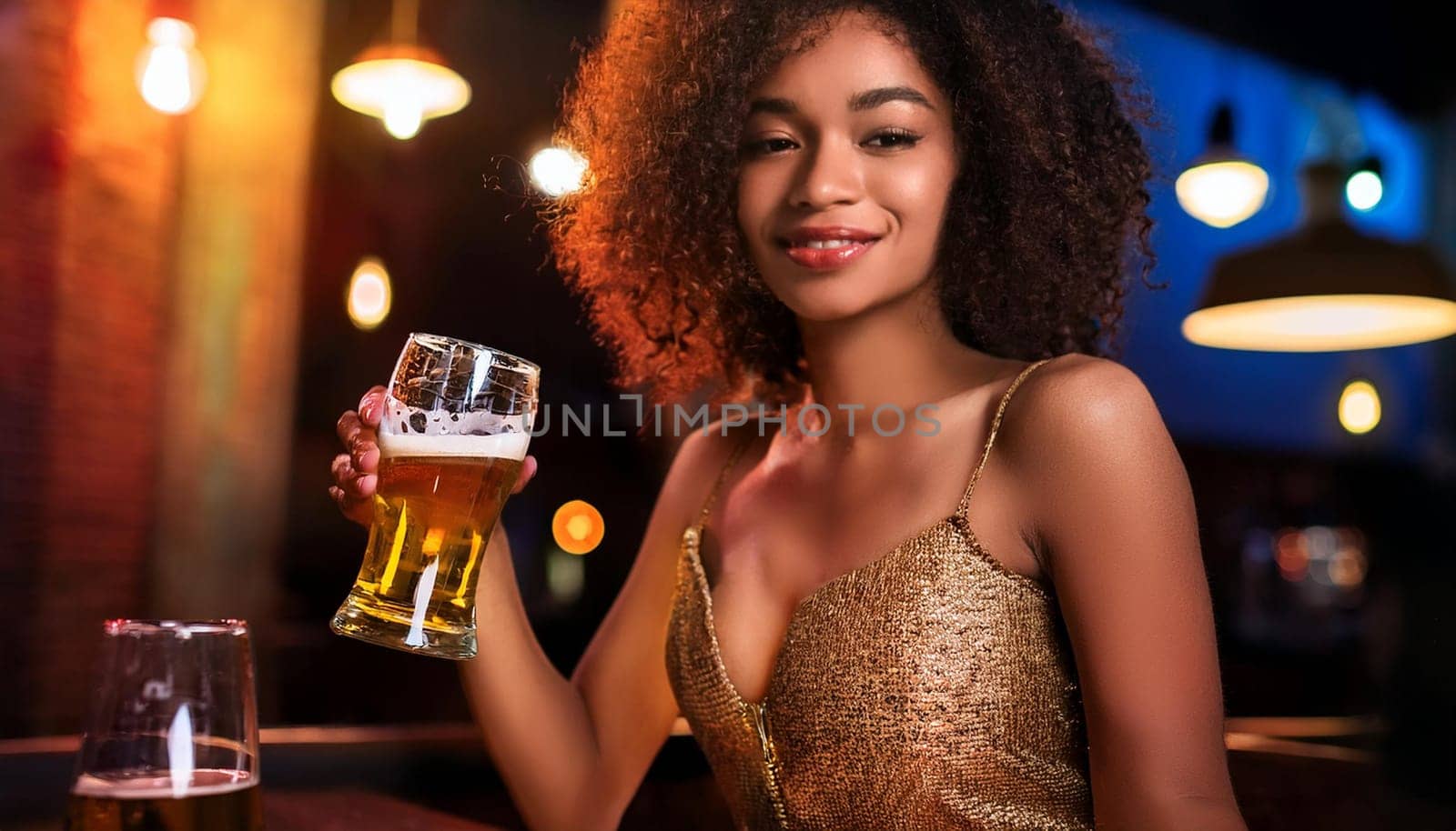 gorgeous young woman drinking beer at pub, AI generated image