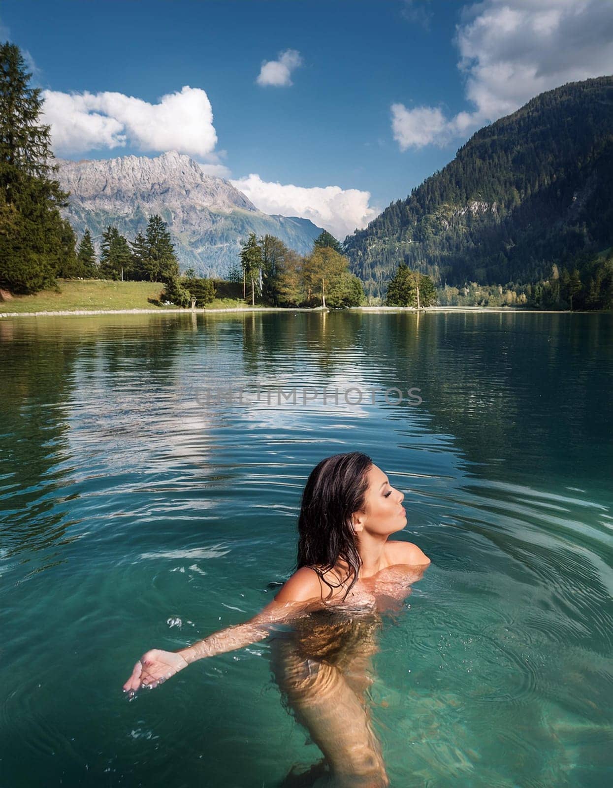 pretty young swimming woman in mountain lake, AI generated image