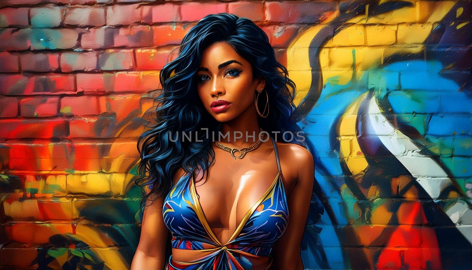 gorgeous young woman over graffiti wall, AI generated image