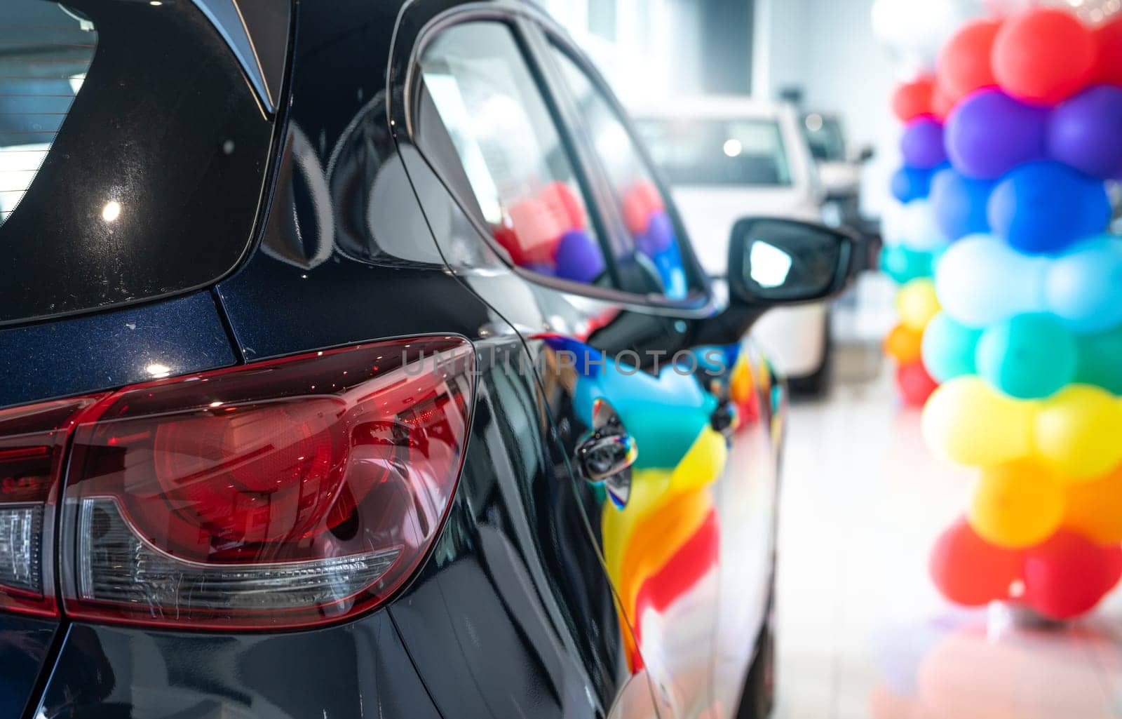 Car parked in luxury showroom. Car dealership office. Car showroom business. New car parked in modern showroom. Auto for sale and rent business. Automobile leasing and insurance. Electric automobile.