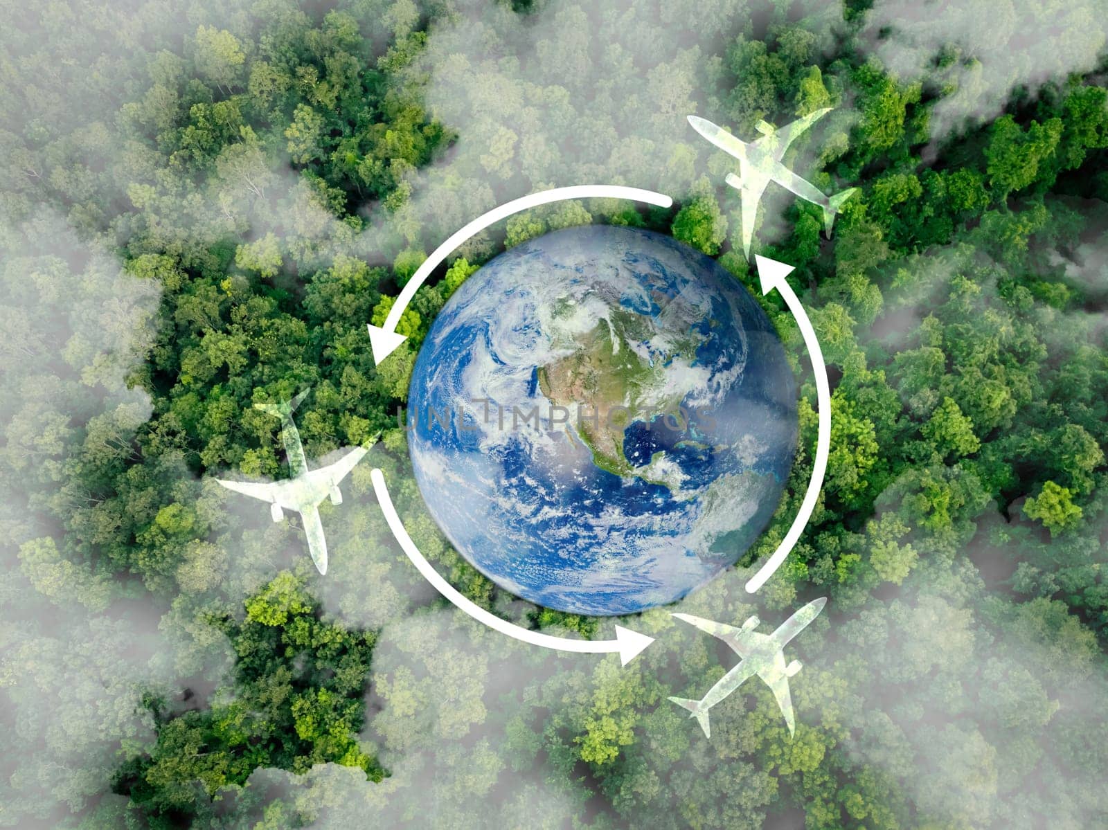 Sustainable aviation. Green flight technology. Use of renewable energy, sustainable aviation fuel, and innovation to reduce carbon emissions. Eco-friendly transportation. Earth image provided by Nasa.