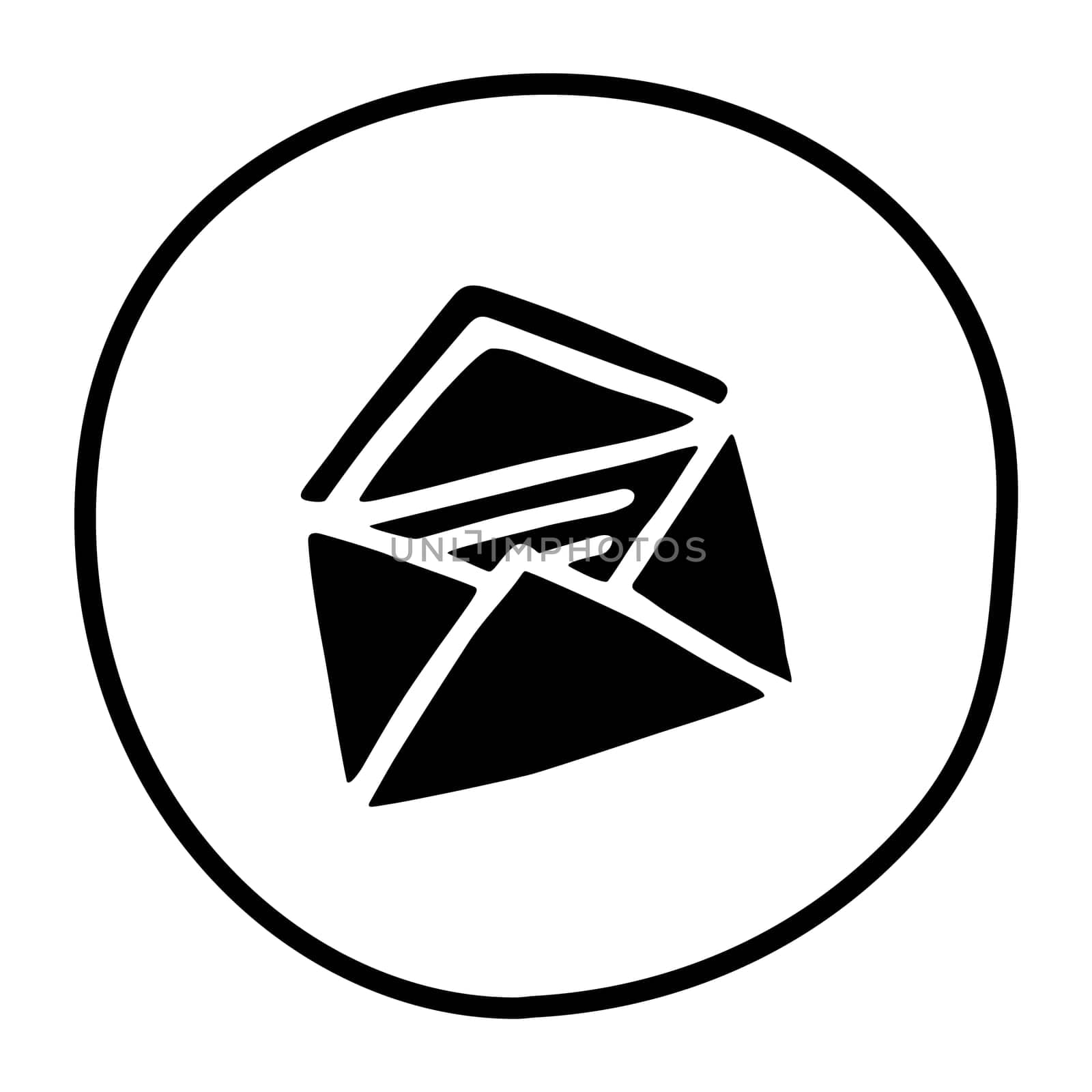 Doodle Open envelope with letter icon or logo, hand drawn with thin black line. Isolated on white background. Vector illustration