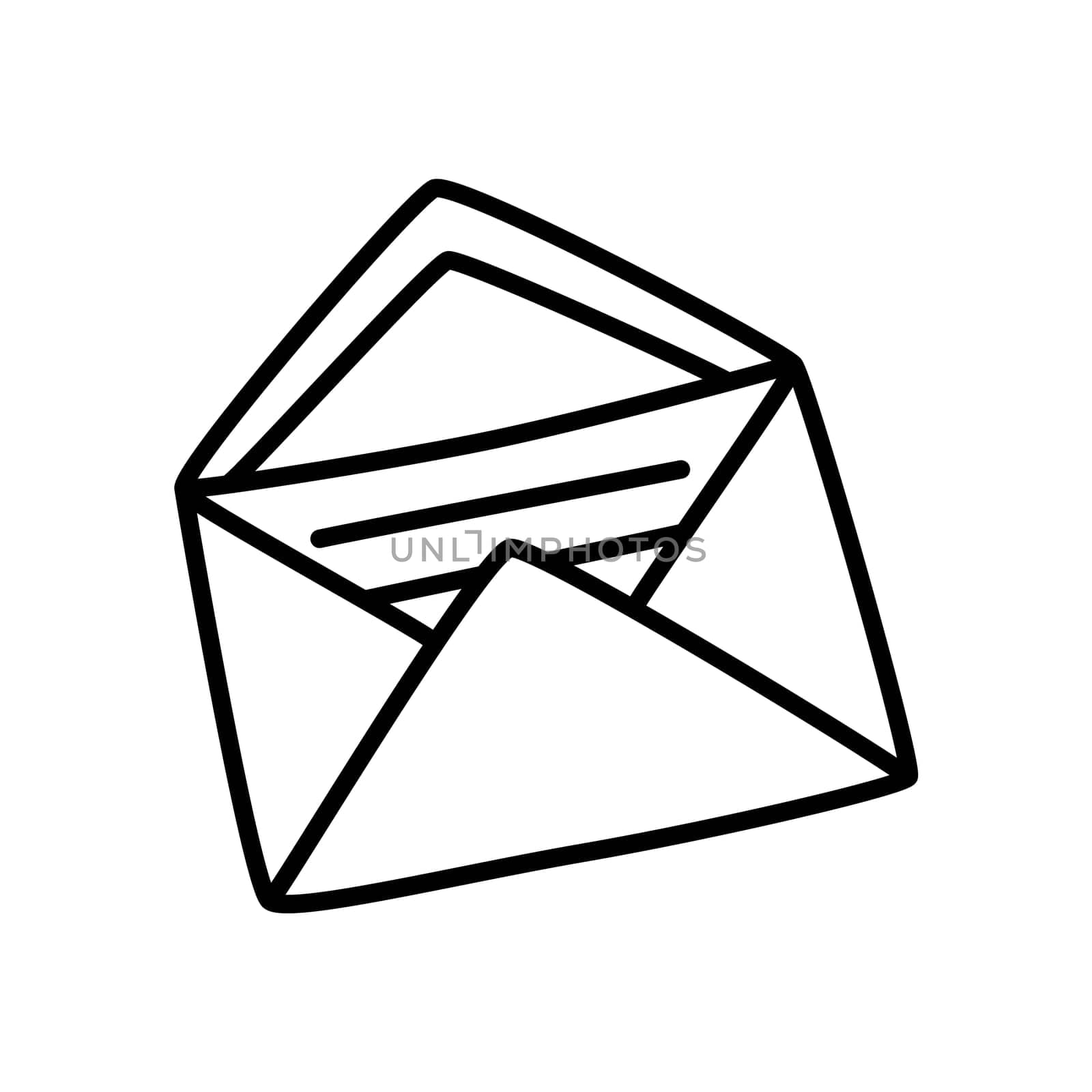 Doodle Open envelope with letter icon or logo, hand drawn with thin black line. Isolated on white background. Vector illustration