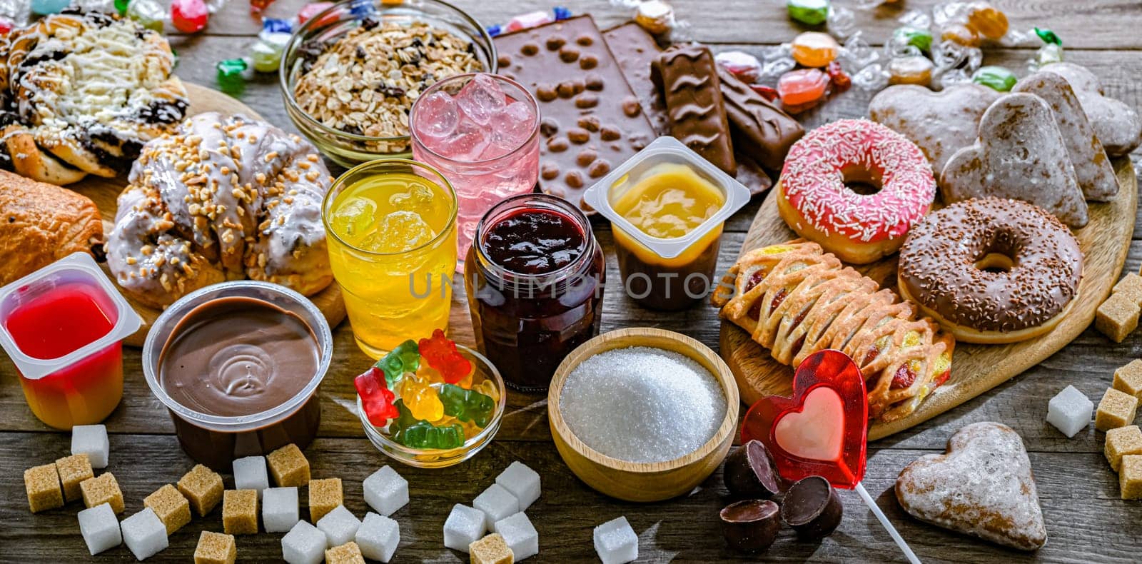 Food products containing a significant amount of sugar. Junk food.