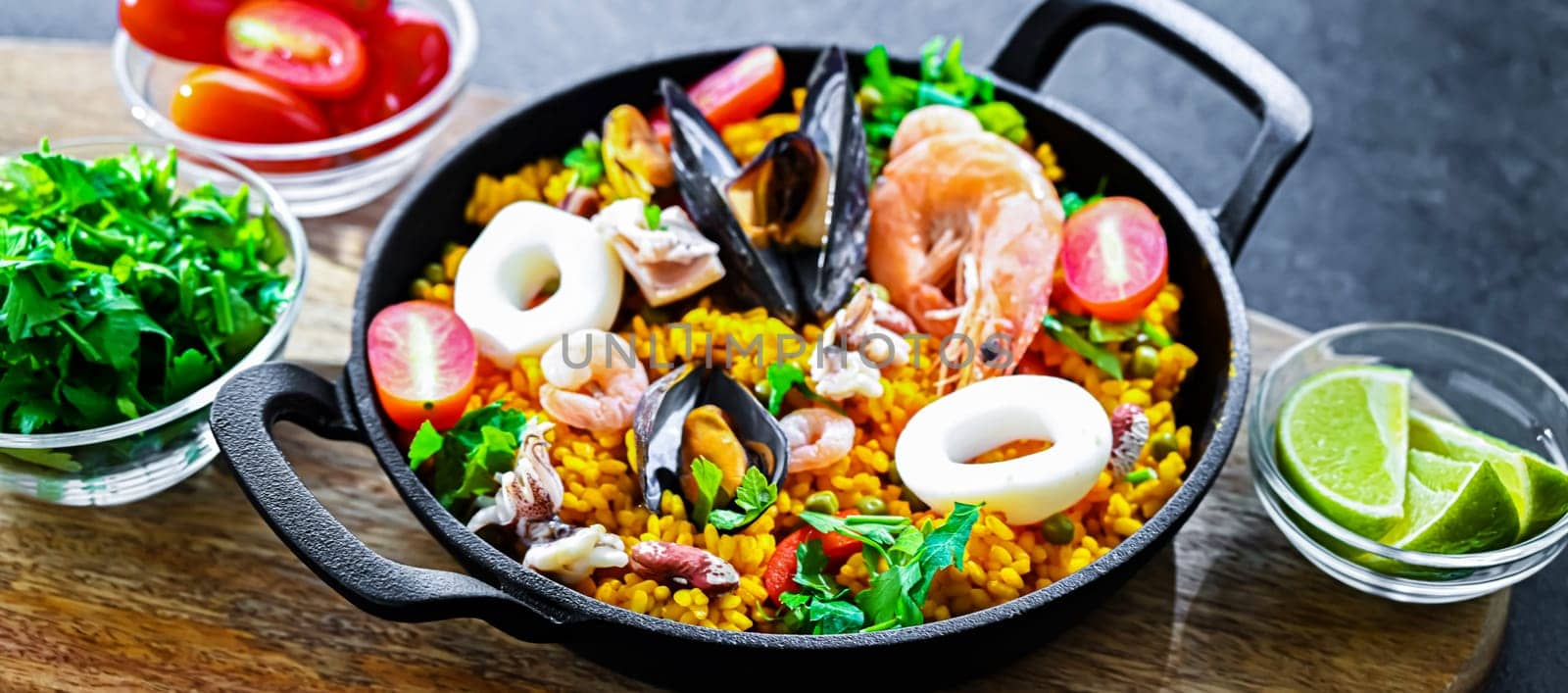 Seafood paella served in a cast iron pan.