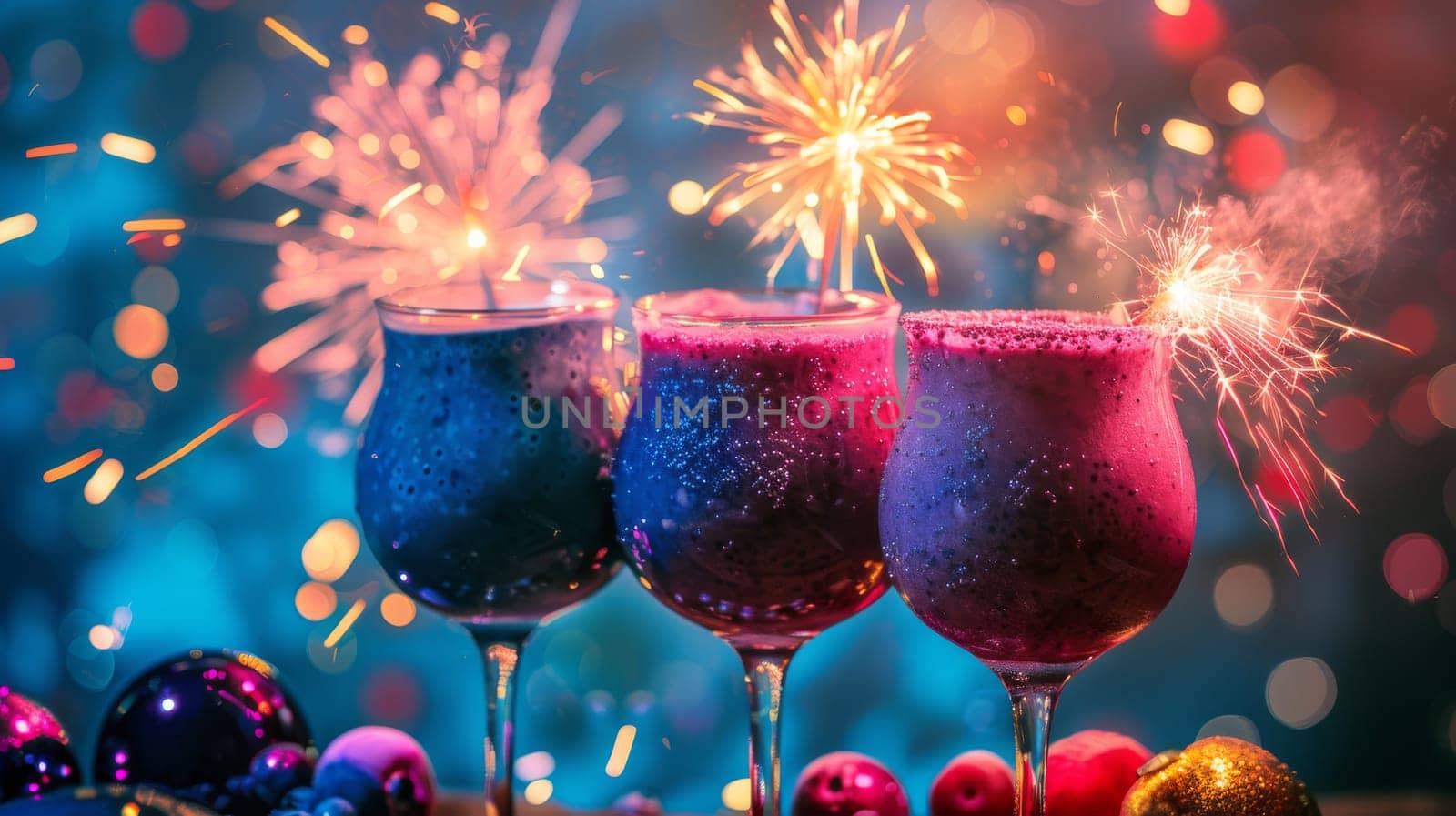 Bold silhouette of levitating glasses of blueberry smoothie with fireworks