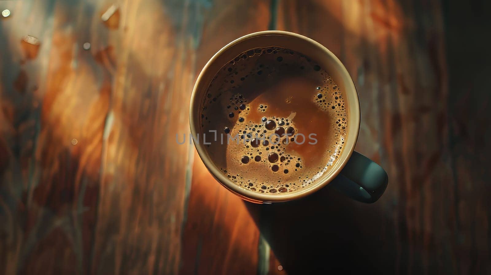 Bird's eye view of a mug filled with hot coffee
