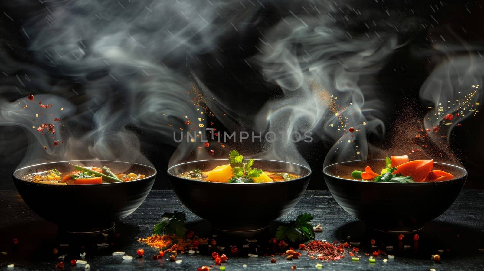 Bold silhouette of levitating bowls of steaming hot soup with garnishes