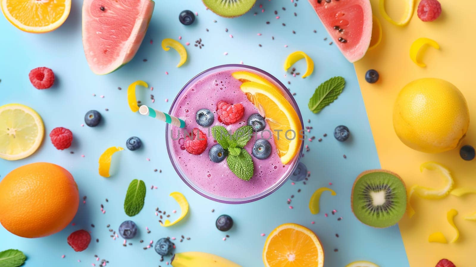 Bold and colorful poster design with a spinning plate of smoothie