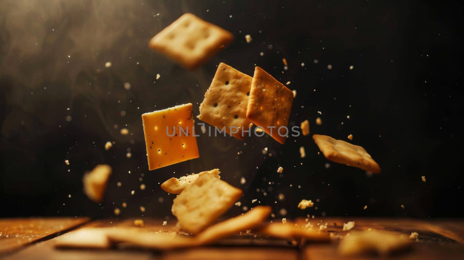 Captivating silhouette of levitating pieces of cheese and crackers