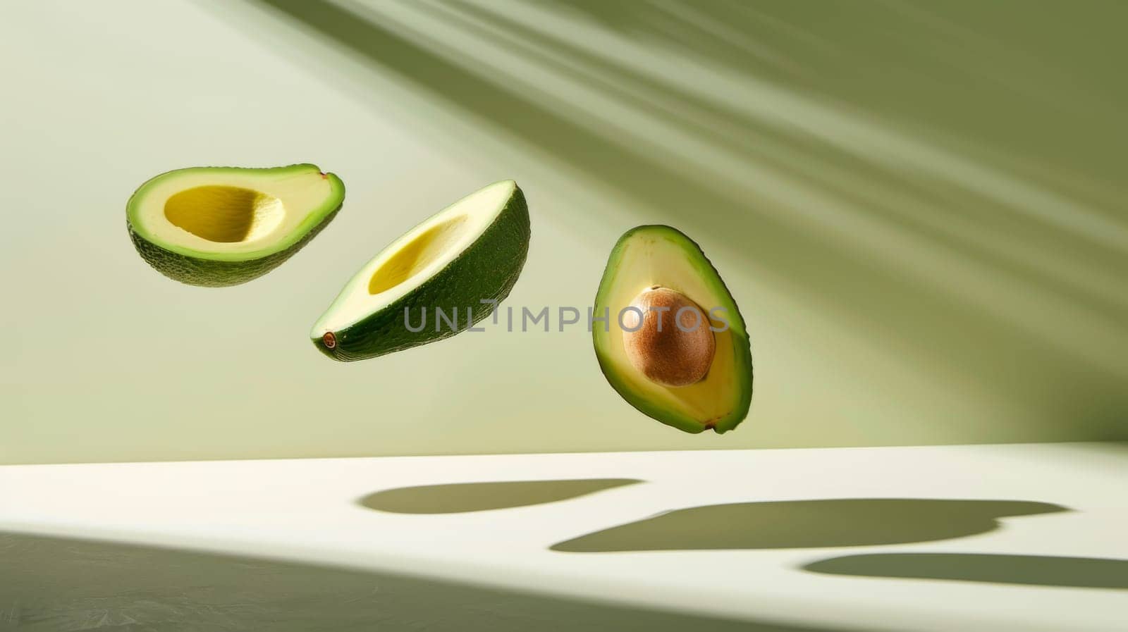 Chic and stylish composition with levitating avocado halves in copy space