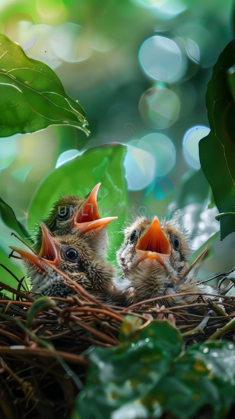 Chirpy baby birds chirping merrily in their nest, awaiting their next meal