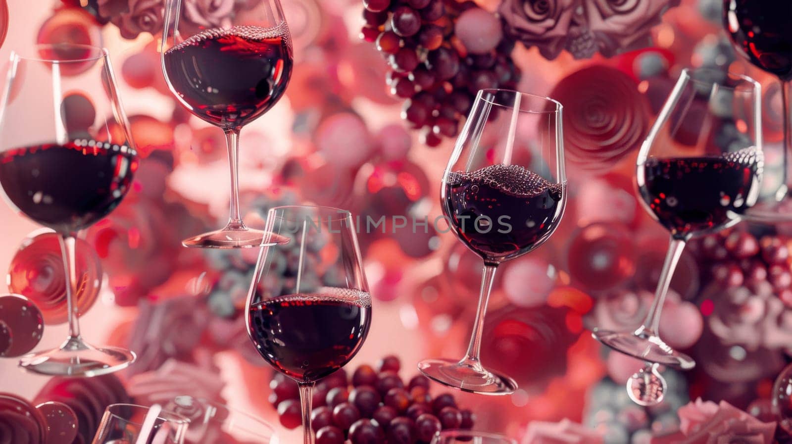 Boho-chic layout pattern of floating wine glasses in a bohemian arrangement