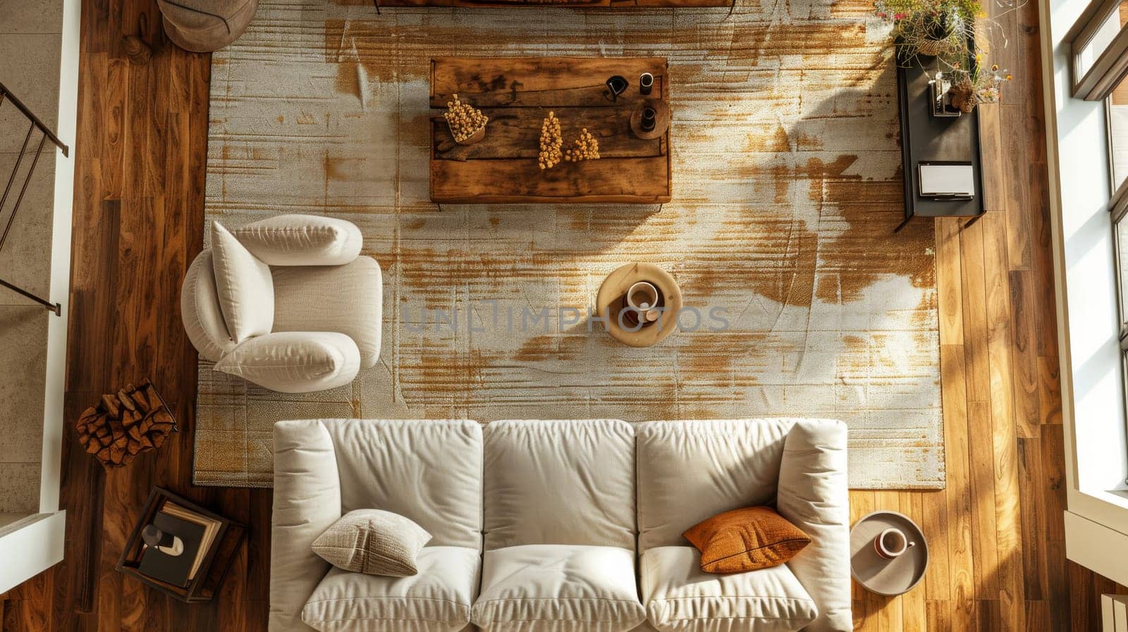 Bird's-eye view showcasing meticulously arranged interior decor elements