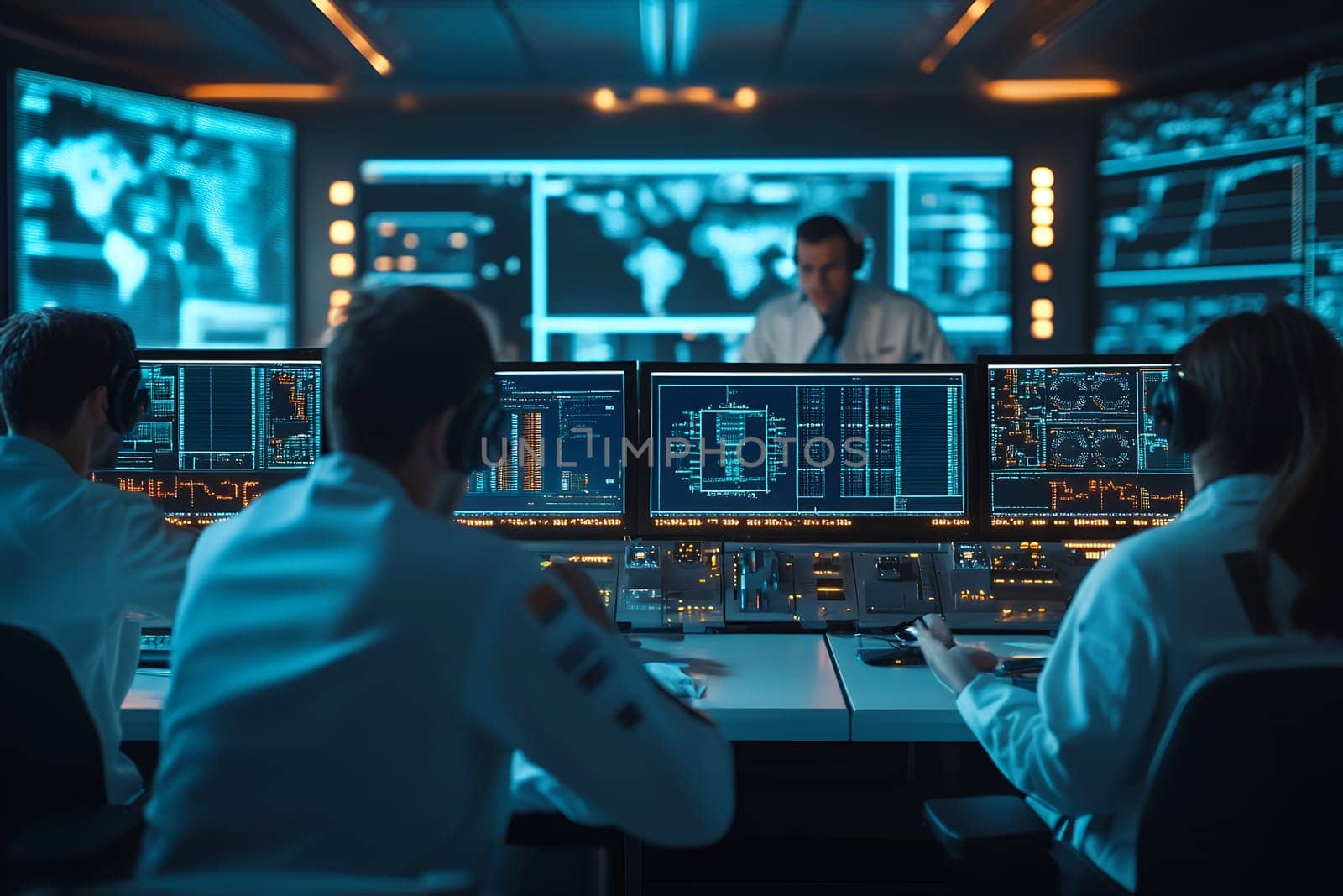 People in a control room with multiple monitors and digital interfaces, coordinating complex operations.