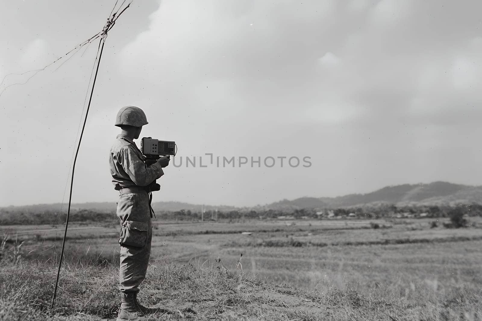 A soldier stands in a field holding a device, surrounded by open landscape and a cloudy sky.