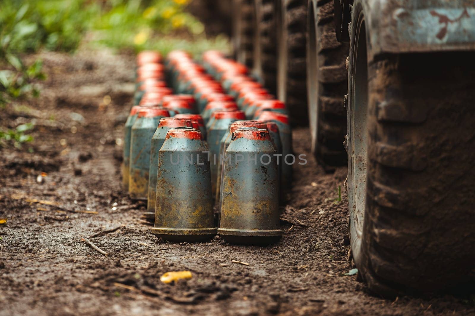 A row of artillery shells lined up on the ground beside military vehicle tracks, representing readiness and power.
