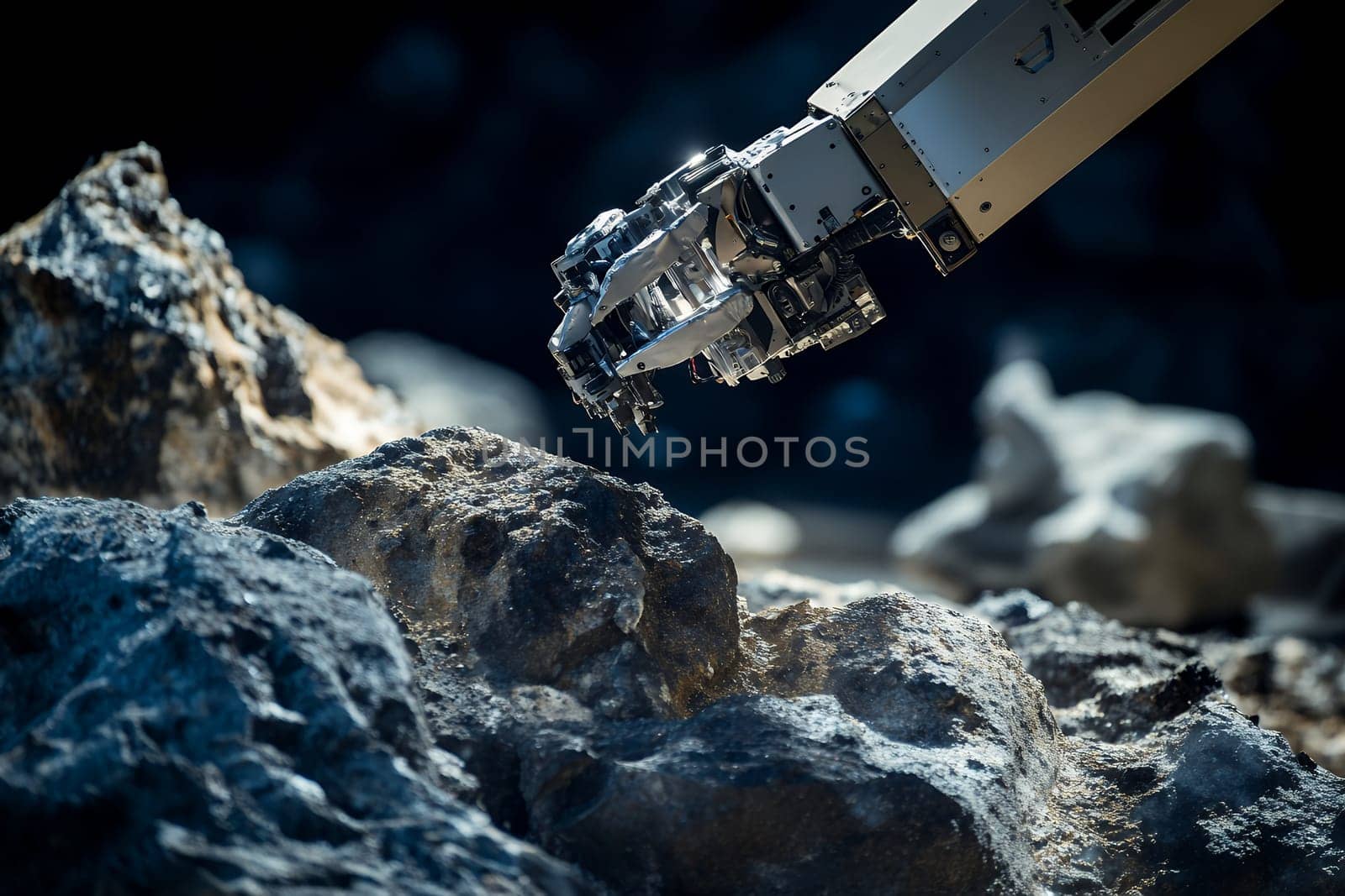 A robotic arm explores a rocky terrain, showcasing technological advancement in automation and robotics.