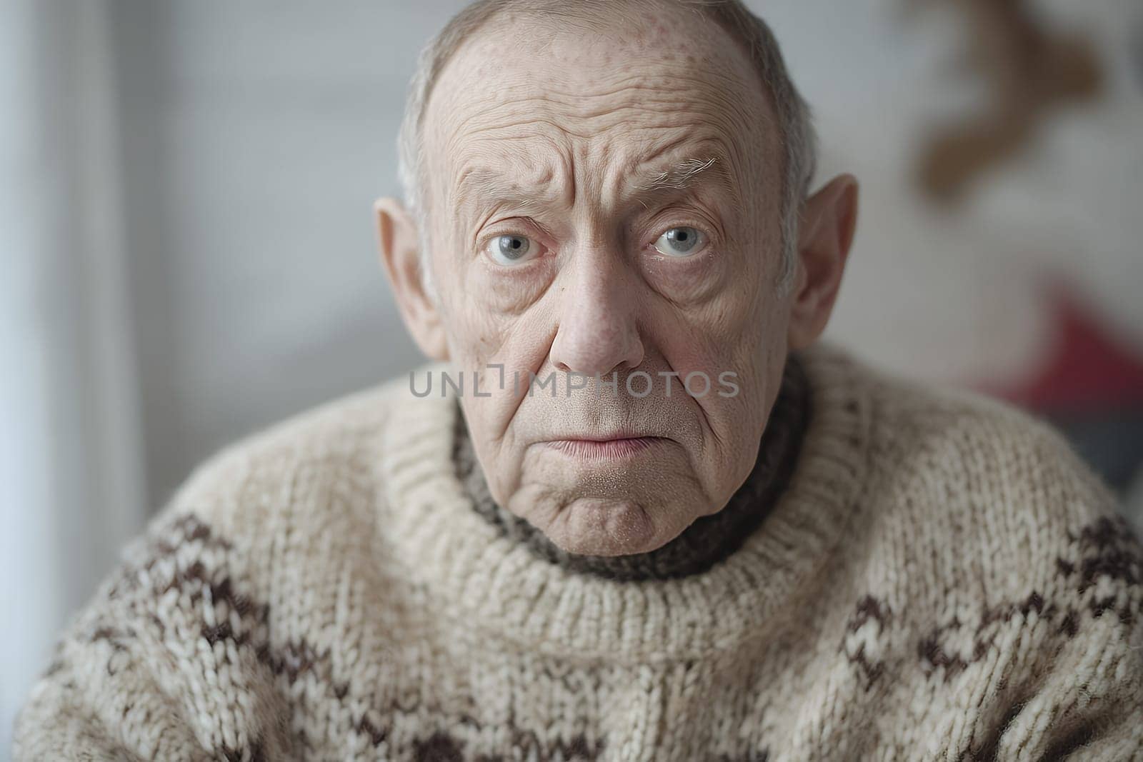 Portrait of an elderly man in a cozy sweater, deep in thought, with a subtle expression of contemplation.