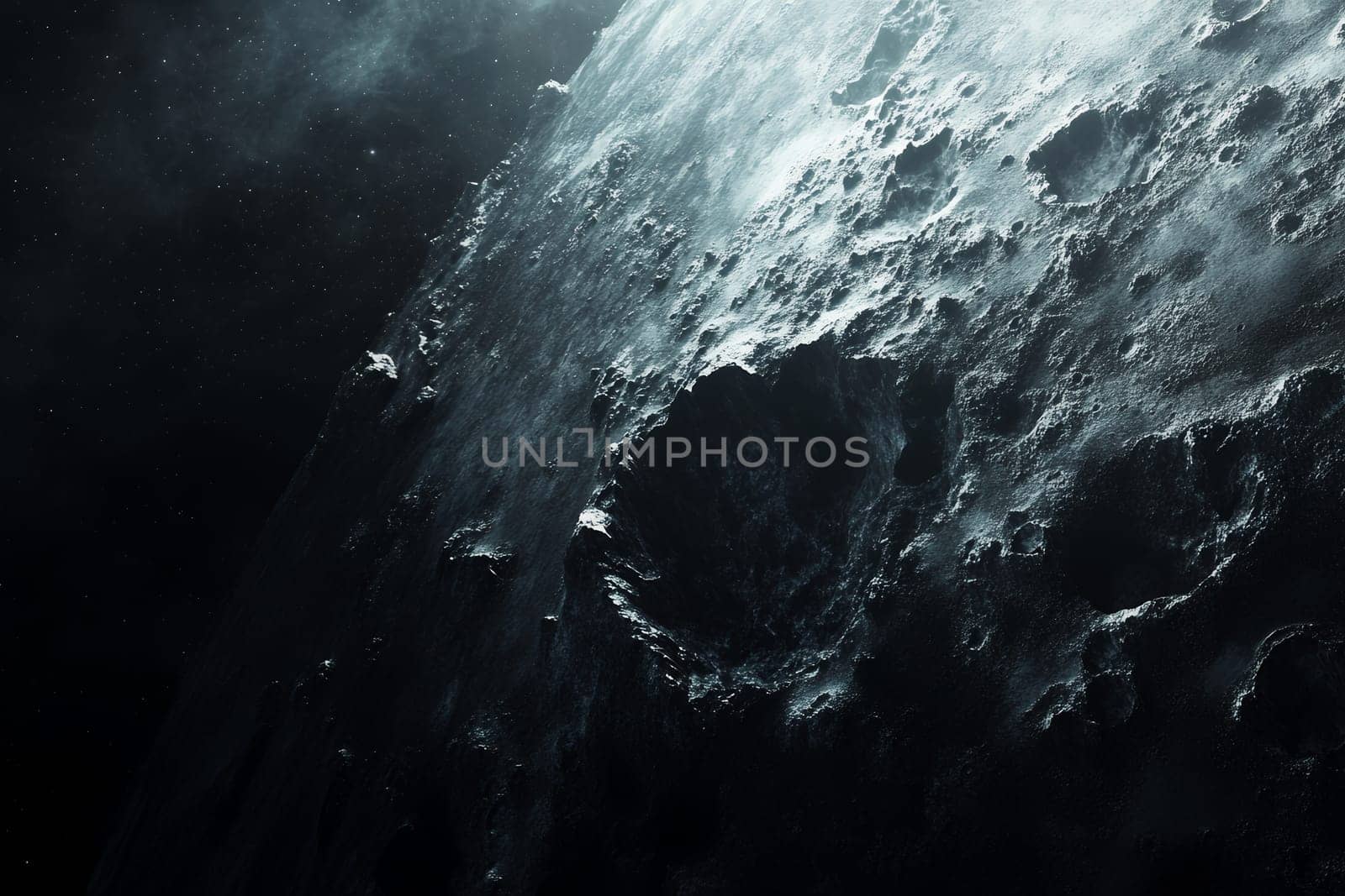 A detailed view of the moon's surface, highlighting craters and rugged terrain against the vastness of space.