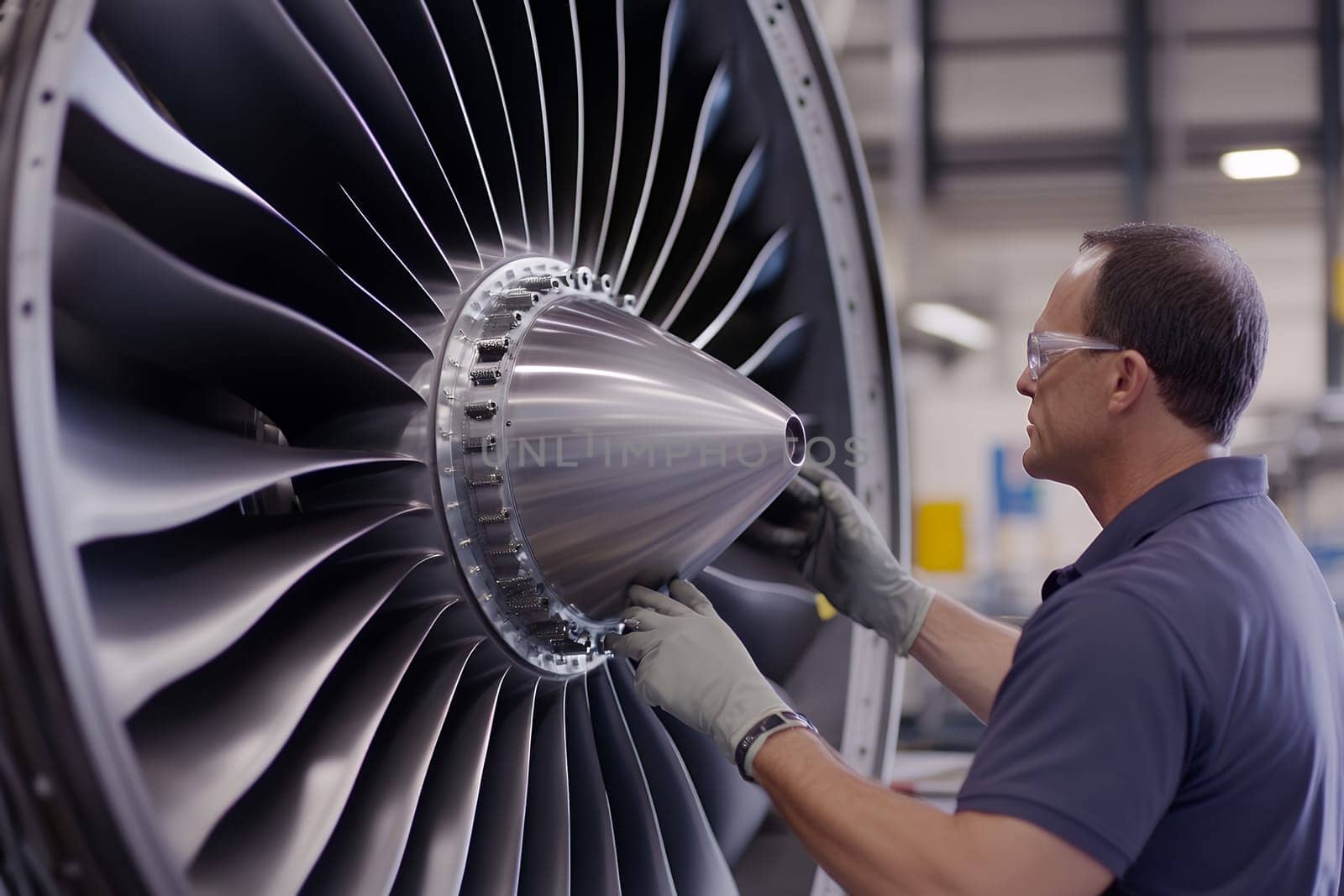 An engineer examines the intricate blades of a jet engine, showcasing precision and expertise in aviation.