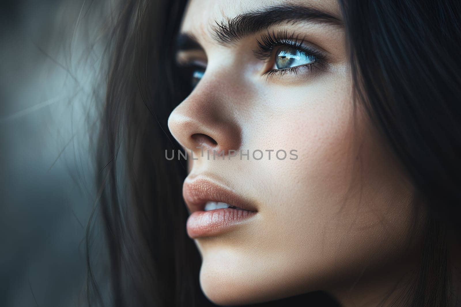 A side profile of a woman with long hair, capturing her serene expression and natural beauty.