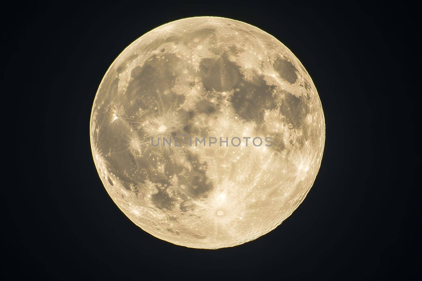 Detailed close-up of a full moon against a dark sky, showcasing its craters and luminous glow.
