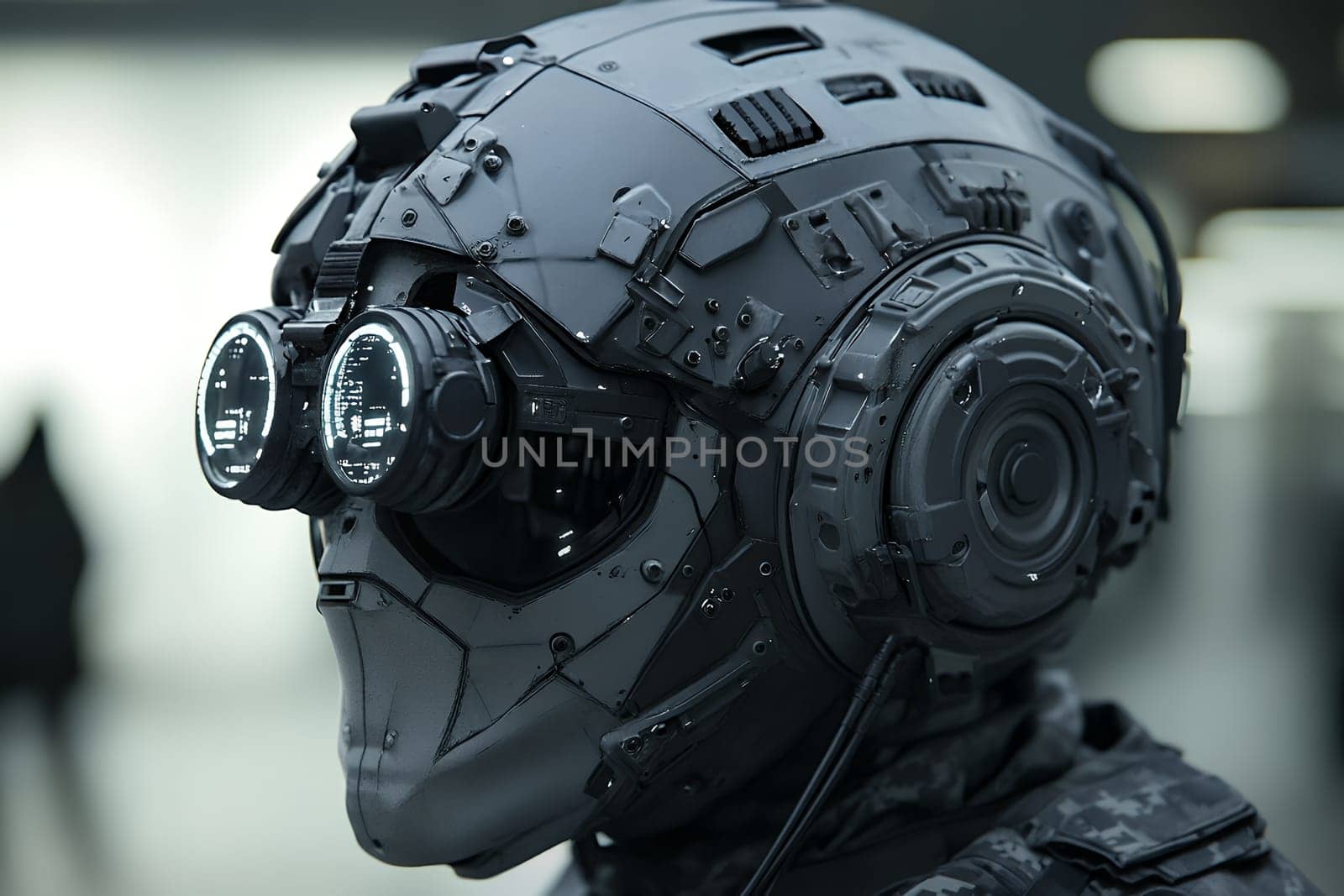 Close-up of a high-tech combat helmet with illuminated goggles, showcasing advanced military technology.