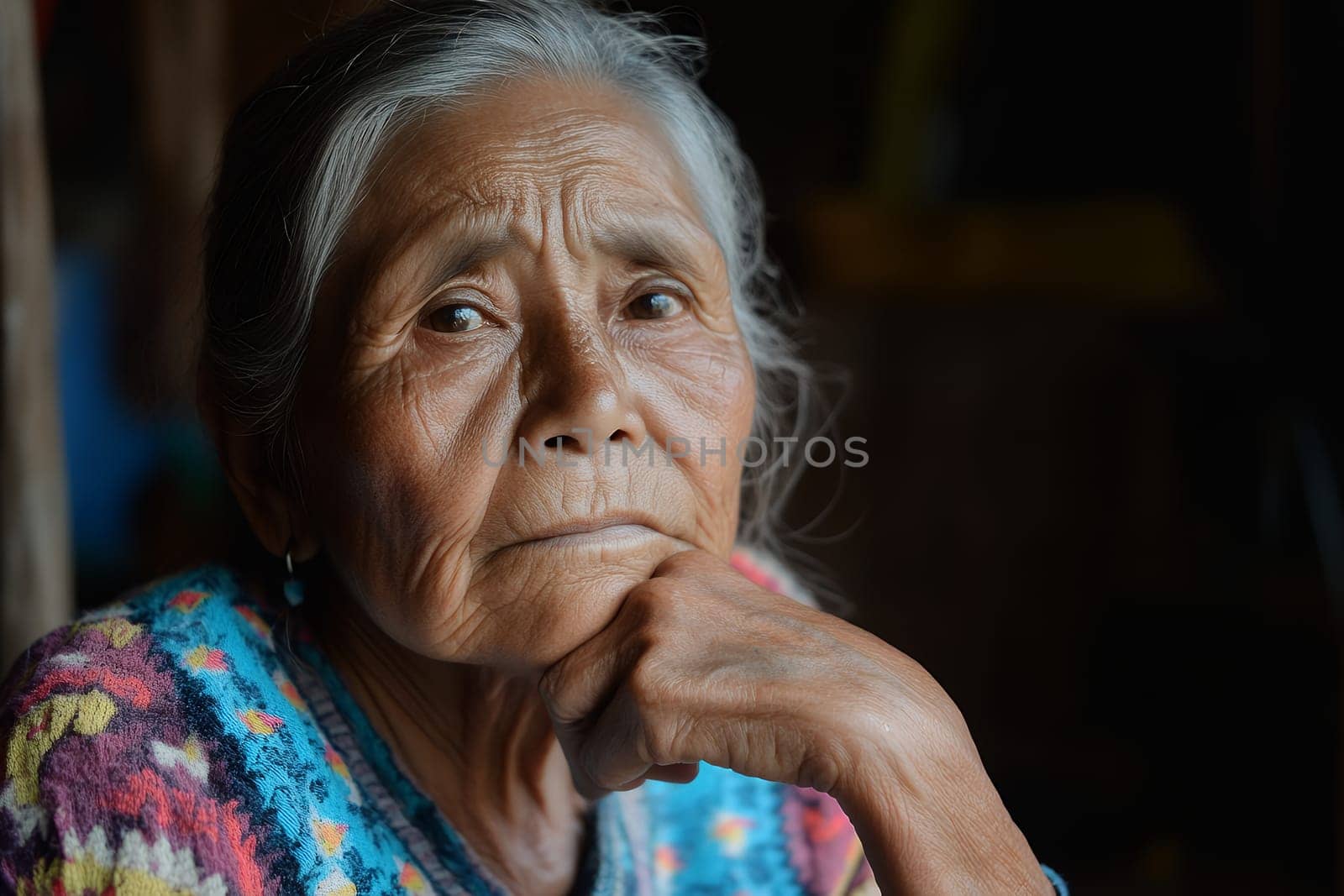 An elderly woman in colorful clothing, resting her chin on her hand, reflecting thoughtfully indoors.
