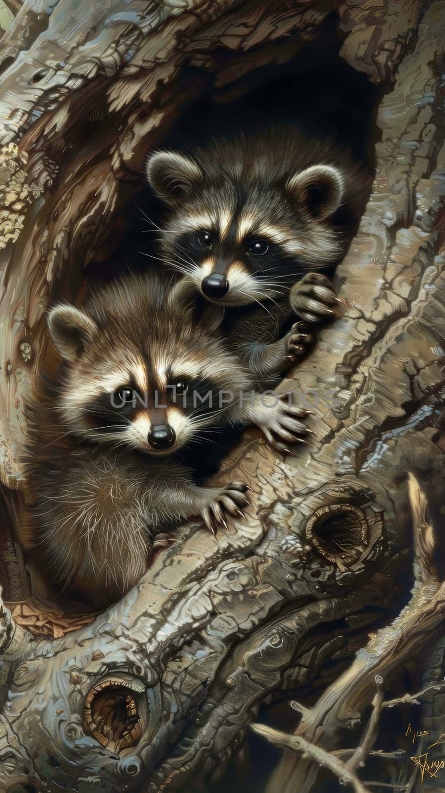 Cozy baby raccoons snuggled up in a hollow tree, their tails wrapped around them