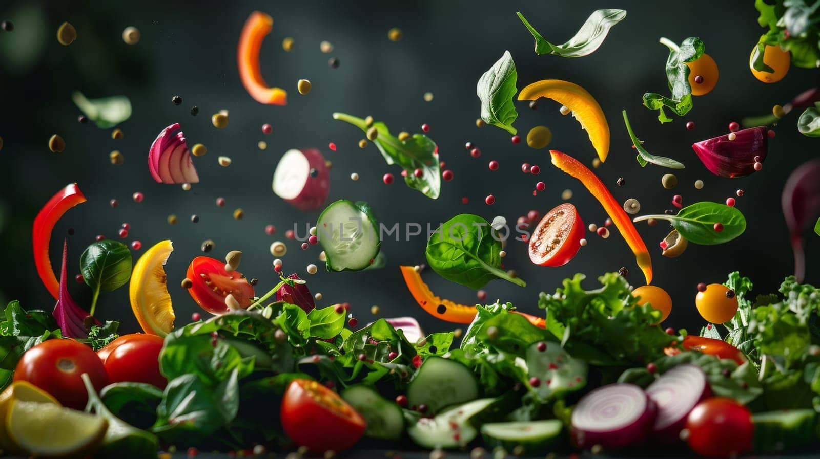 Conceptual depiction of spinning salad ingredients forming a palette, symbolizing creativity
