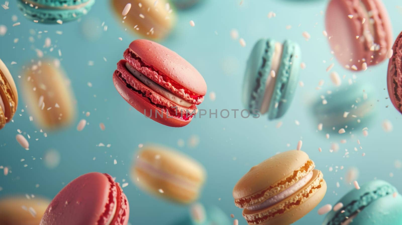 Colorful macarons spinning in a top-down motion